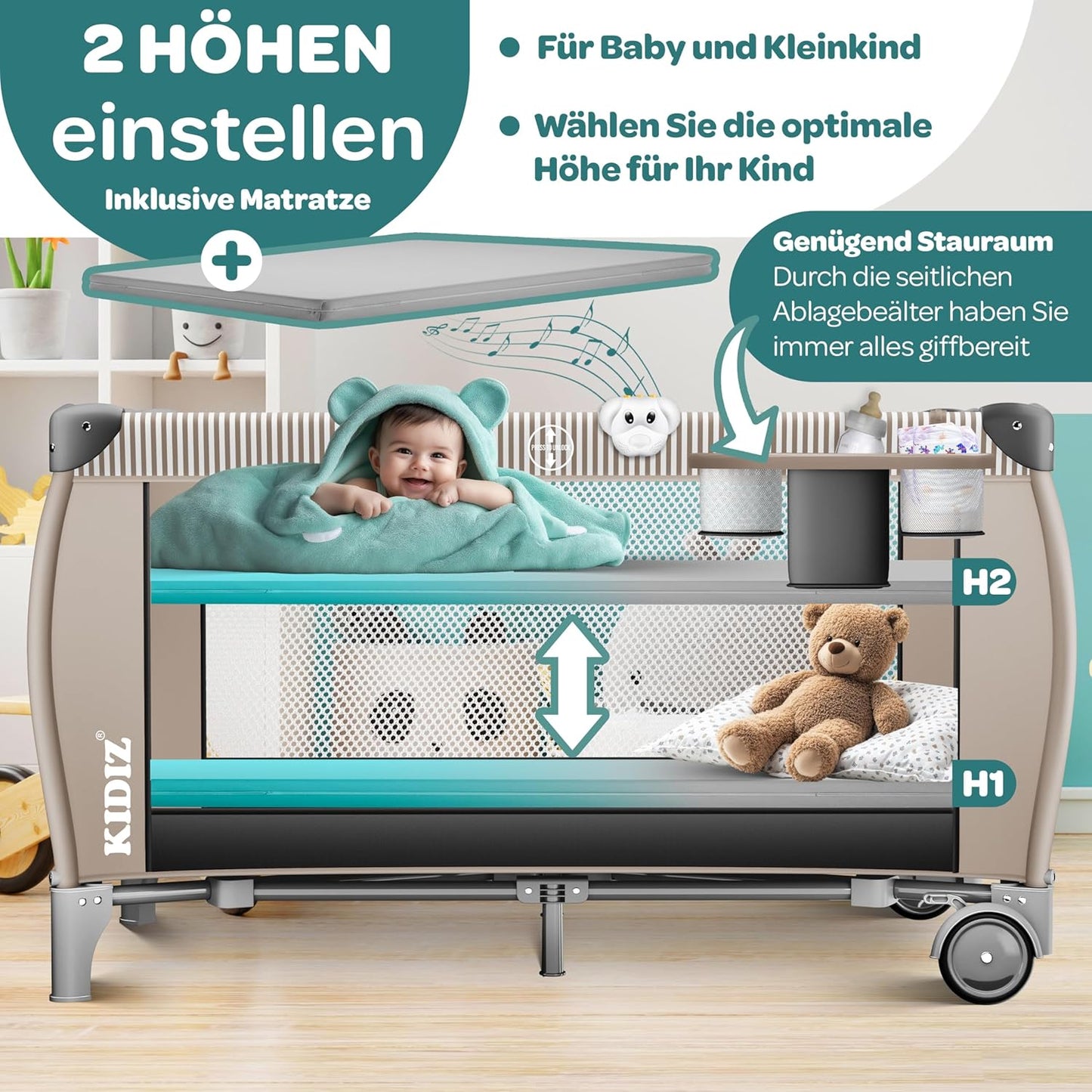 Klappbares Reisebett mit Matratze & Zubehör, Schwarz / Beige