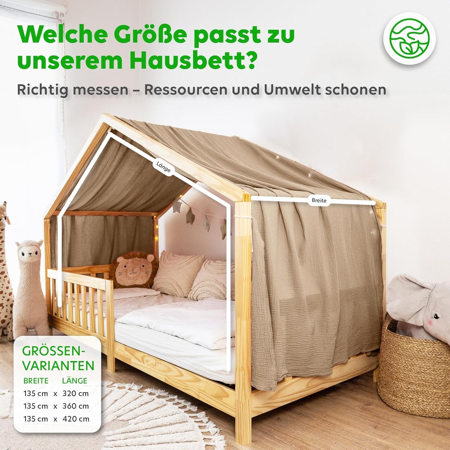 Hausbett Betthimmel aus Musselin Baumwolle, Dunkelbeige 135 x 320cm