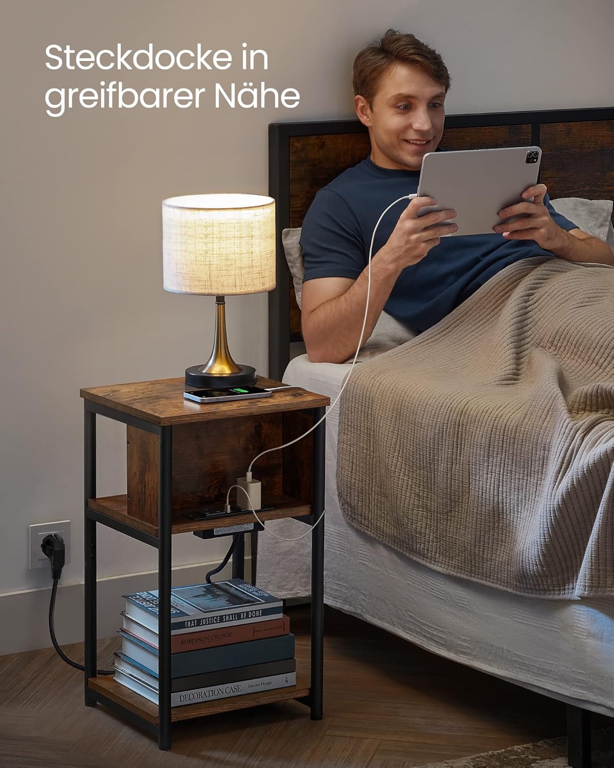 Beistelltisch Connect mit Steckdose und USB-Anschlüssen, Rustikales Braun + Schwarz