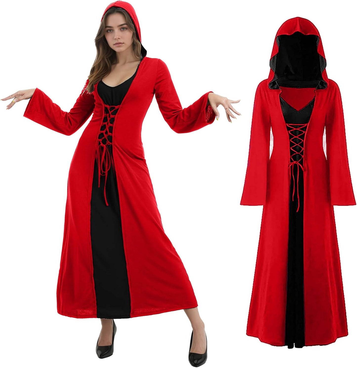 Mittelalterliches Cosplay-Kleid mit Kapuze für Damen, M Rot und Schwarz