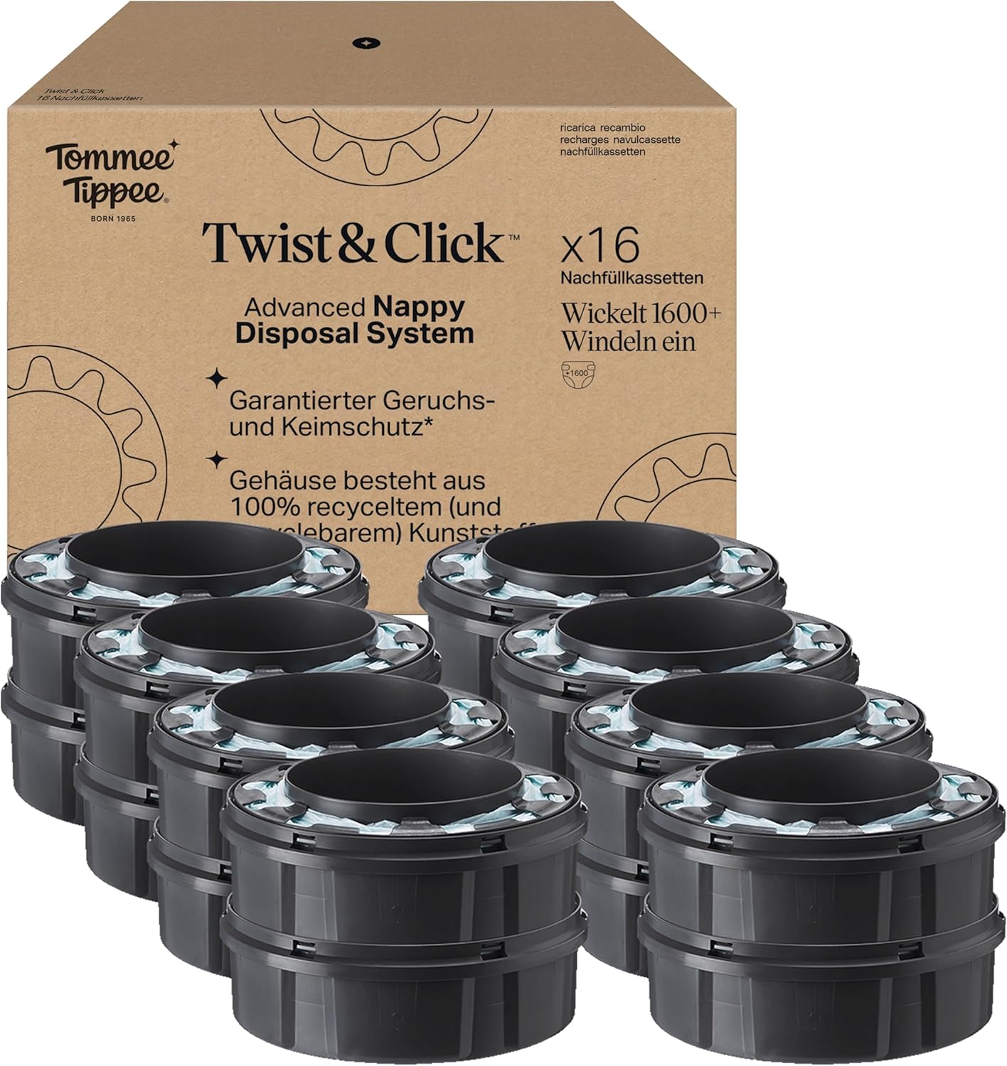 Twist & Click Advanced Windelbehälter Nachfüllkassetten-Set, 16 Stück, Staubig 1 stück (16er Pack)