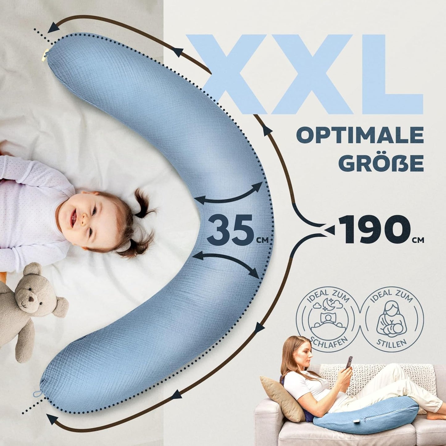 Stillkissen XXL mit Mikroperlenfüllung, XXL 190x30 Musselin Denim