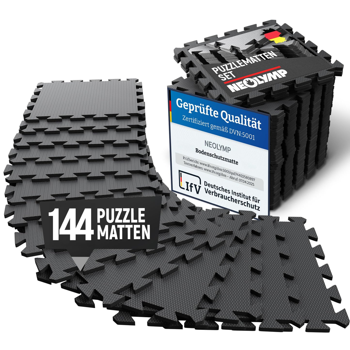 Bodenschutz-Puzzlematte für Fitnessgeräte (144 Teile), Bodenschutzmatte Anthrazit | 144 Matten | 13,6 M²