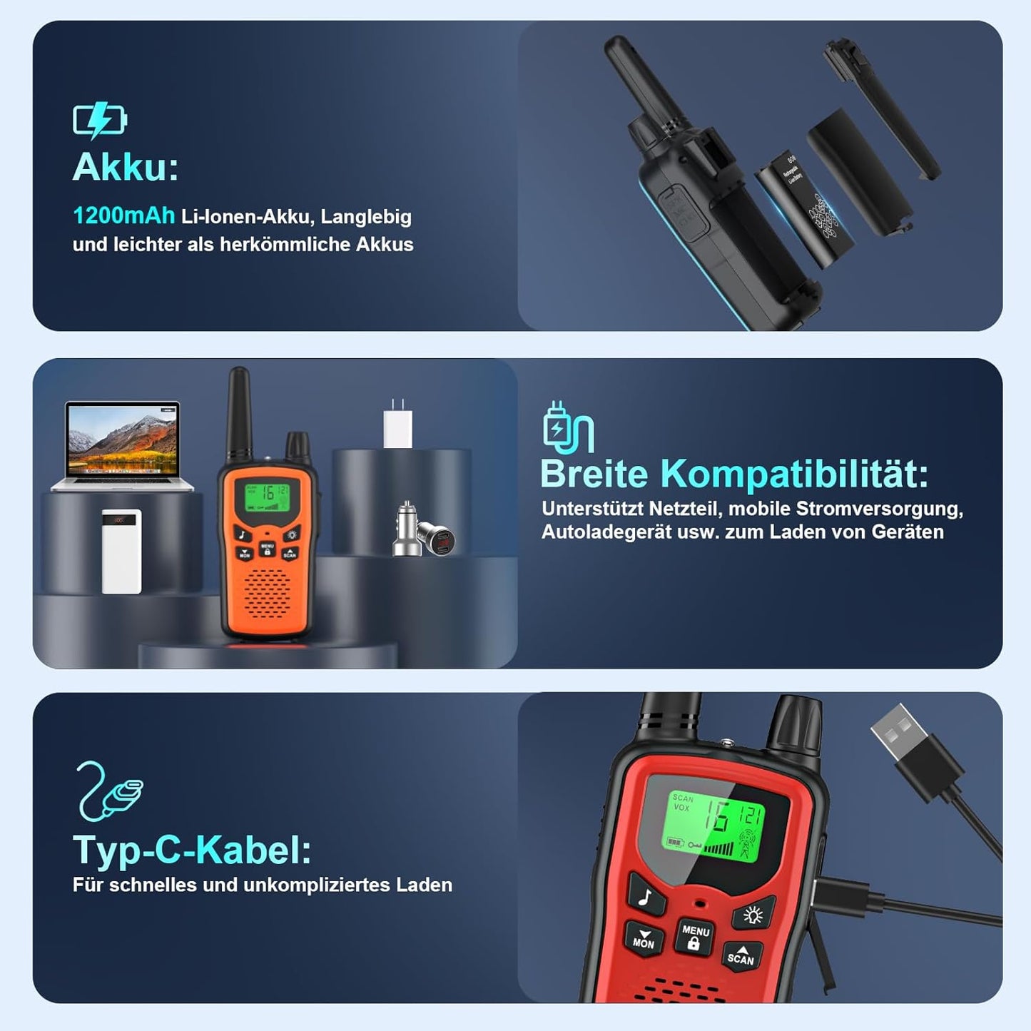 Walkie Talkie Set für Kinder, 3er Set Rot+Blau+Orange