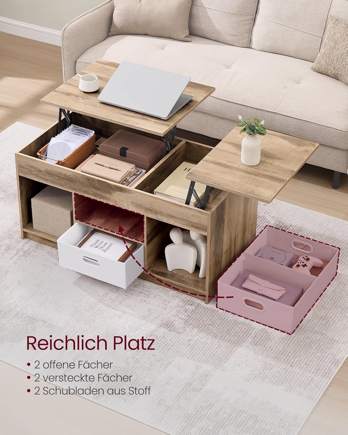 Höhenverstellbarer Couchtisch mit Schubladen, Kamelbraun + Wolkenweiß