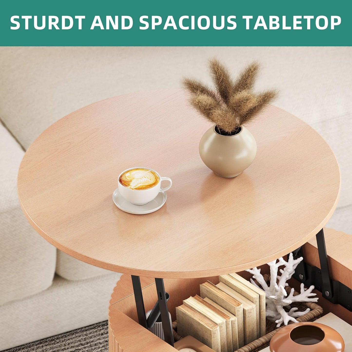 Höhenverstellbarer Couchtisch mit Stauraum, Eiche Hebefläche