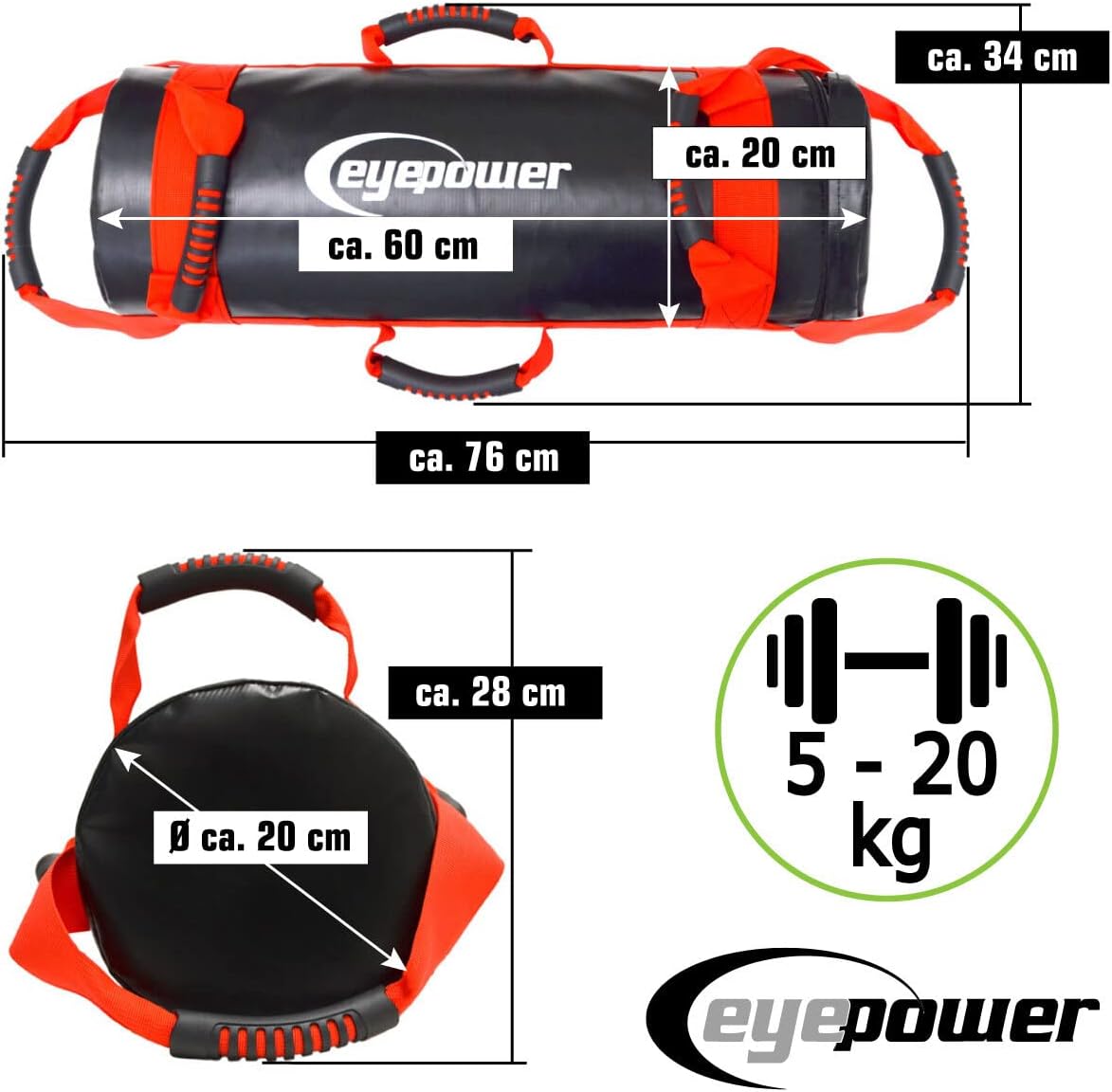 Power Bag mit Kettlebell Gewichten, Schwarz / Rot