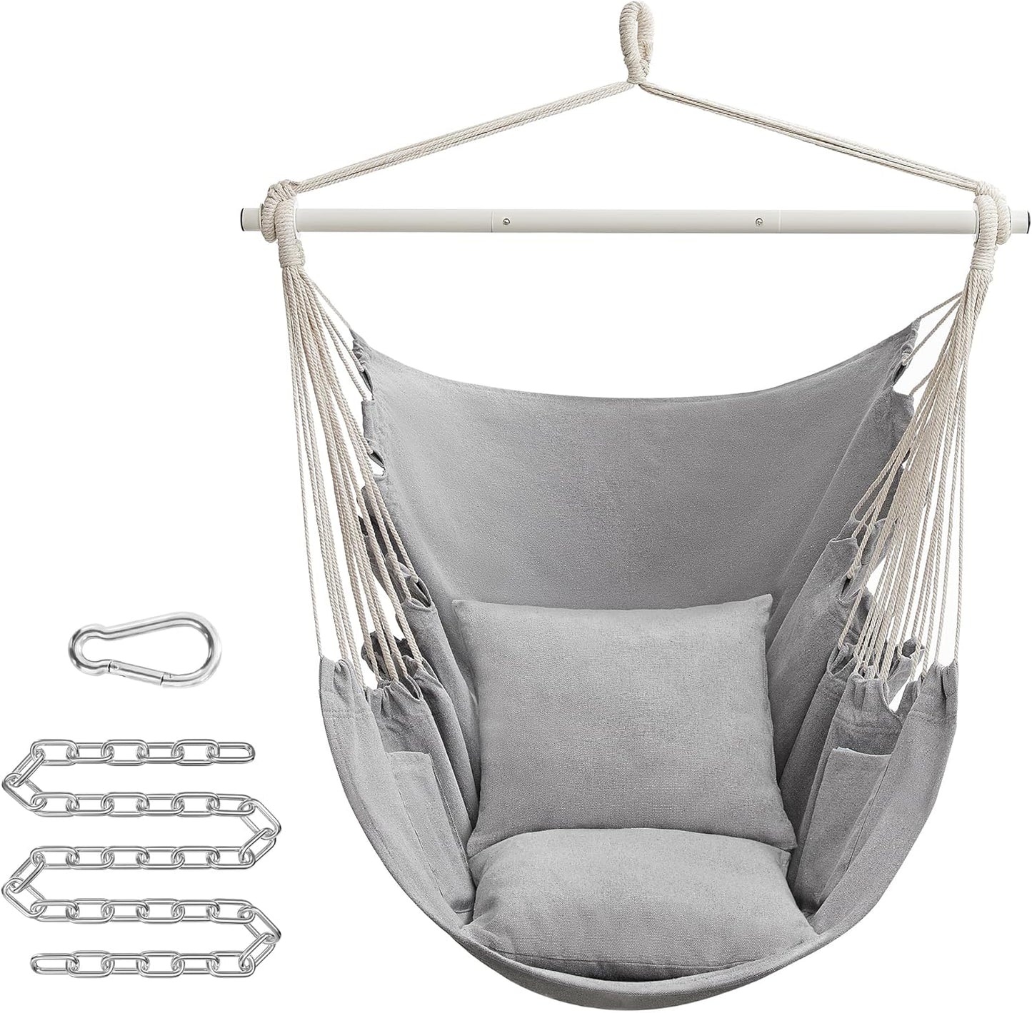 Hängesessel mit Kissen und Metallkette, Indoor/Outdoor, Taubengrau Stahlstange