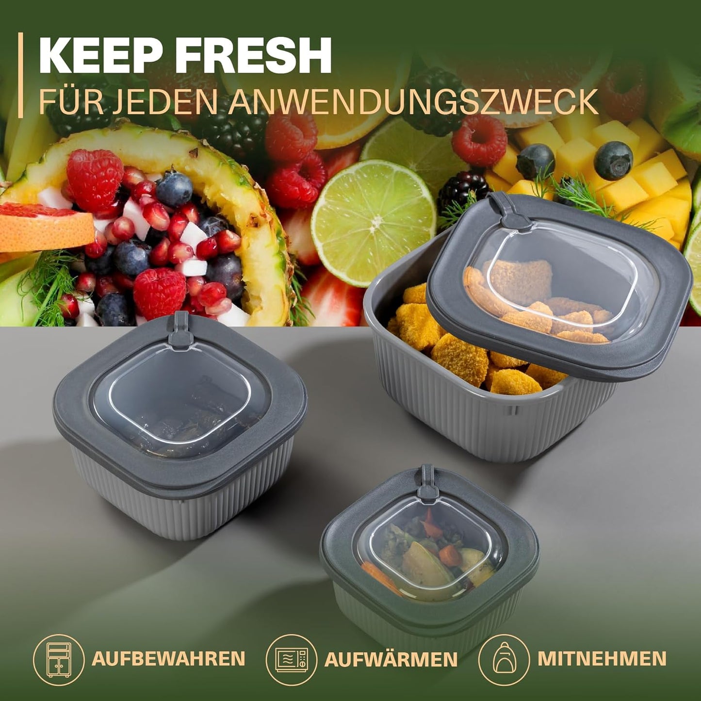 9-teiliges Frischhaltedosen-Set mit Ventildeckel, Grau 9er Set Quadratisch