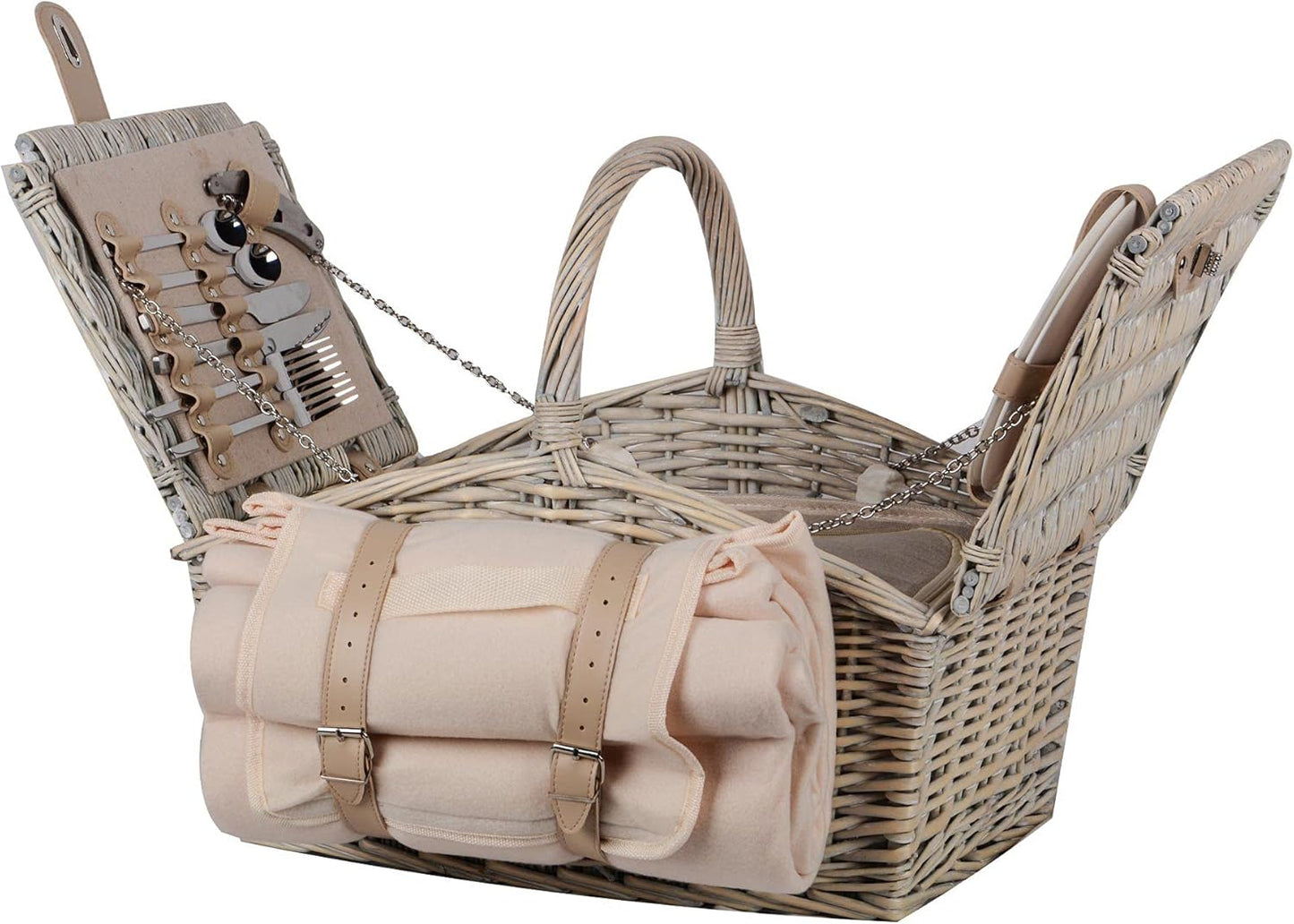 Picknick Set mit Kühltasche und Decke für 2 Personen, Grau / Weiss / Blau
