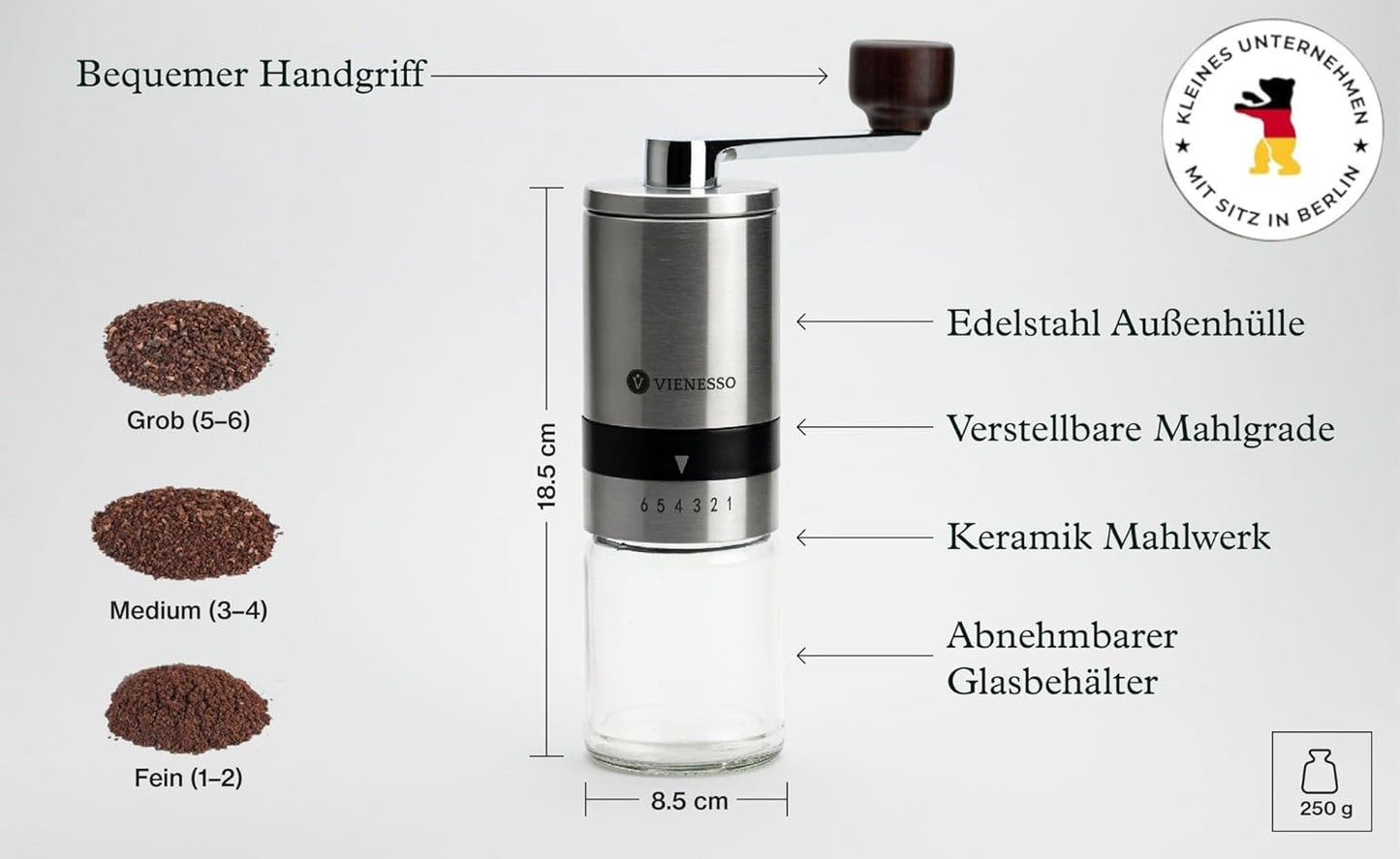 Manuelle Kaffeemühle mit Keramikmahlwerk, Silber