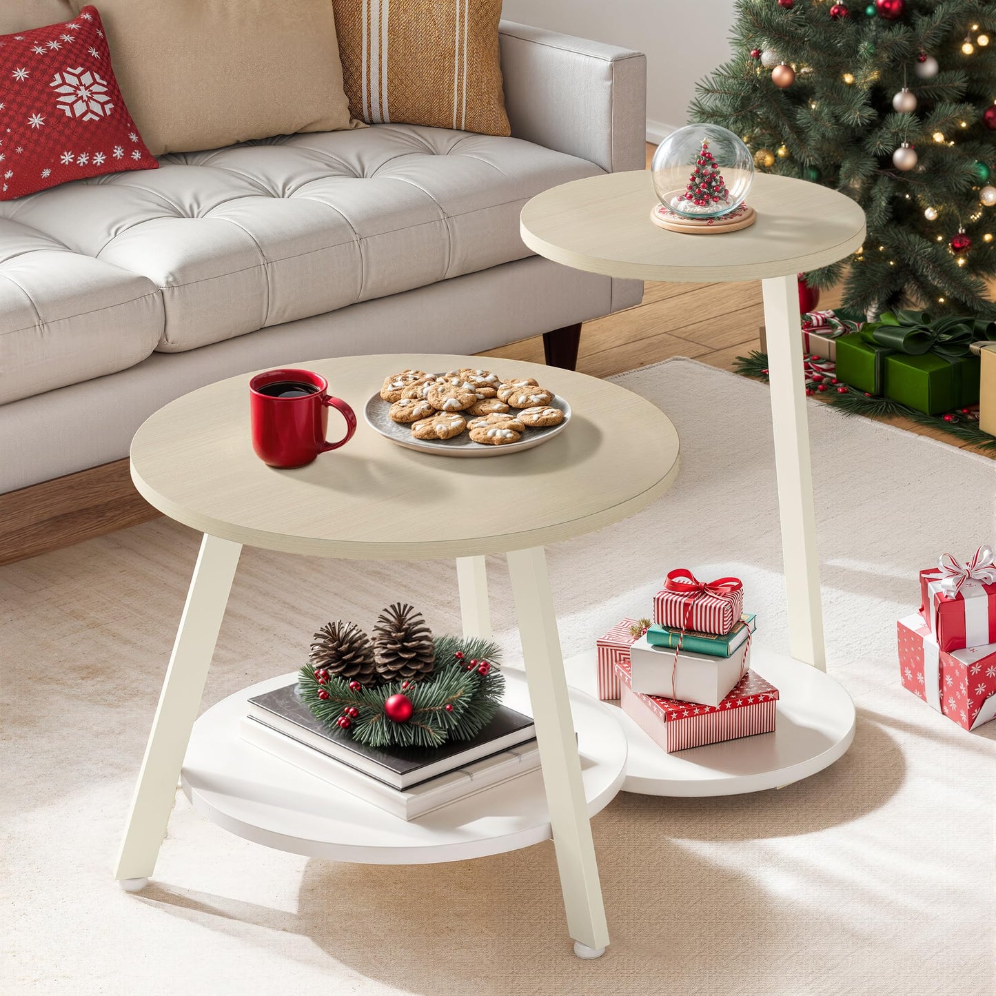 Runder Couchtisch Set mit Stauraum, 2er-Set, Eiche