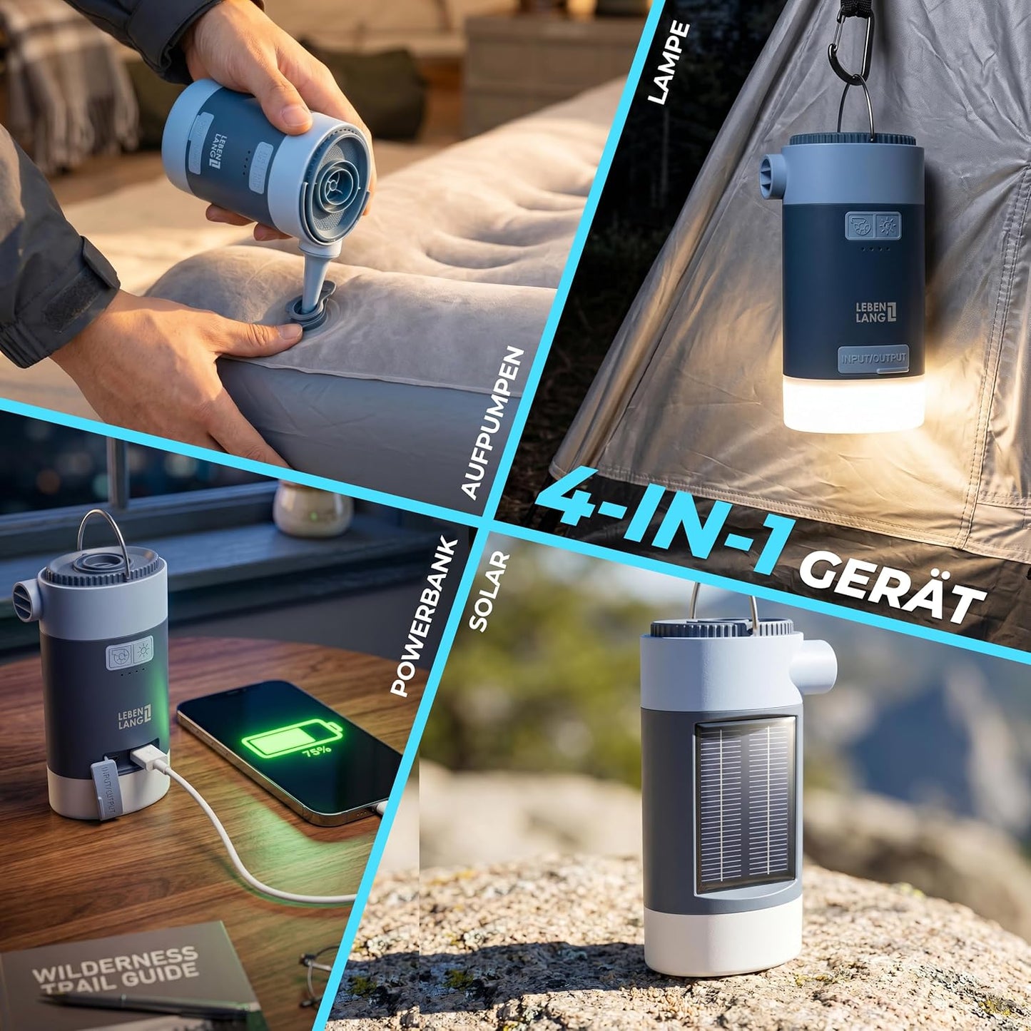 3-in-1 Akku-Luftpumpe mit Solarpanel
