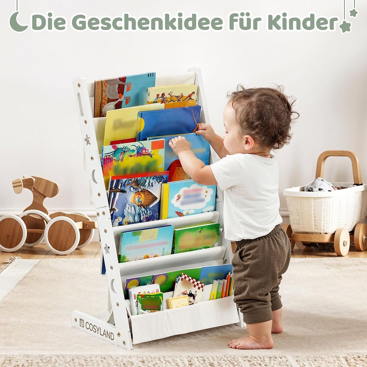 Kinder-Bücherregal aus Holz mit 6 Stofffächern, Weiss Medium