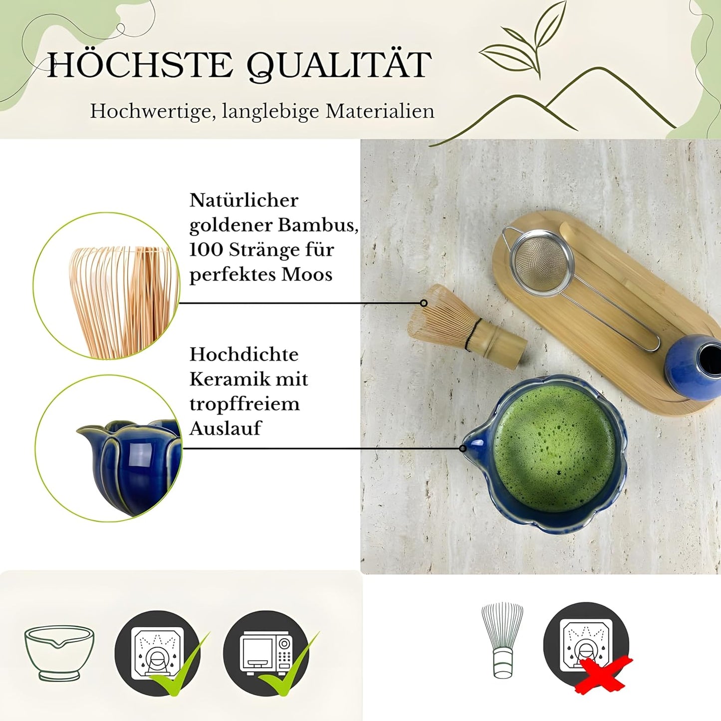 10-teiliges Matcha-Set, Tasche Grün/Service Blau 10