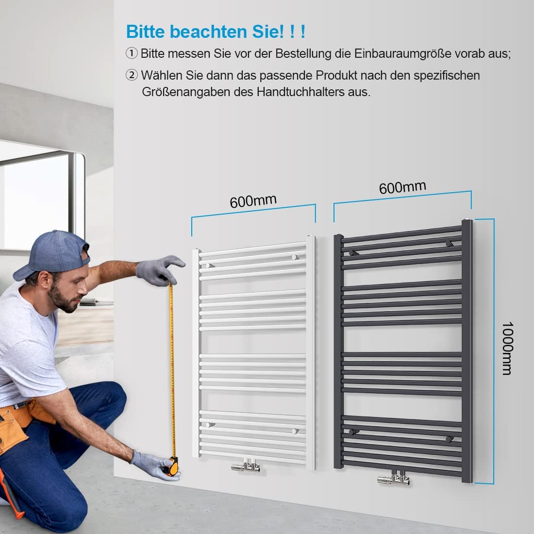 Handtuchheizkörper mit Mittelanschluss (60x100 cm), 60x100cm Weiss