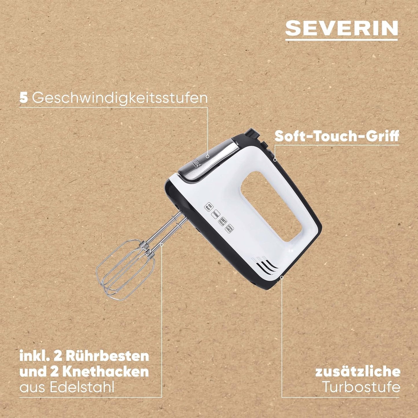 Handmixer HM 3830 mit 5 Geschwindigkeitsstufen, Weiss/Schwarz