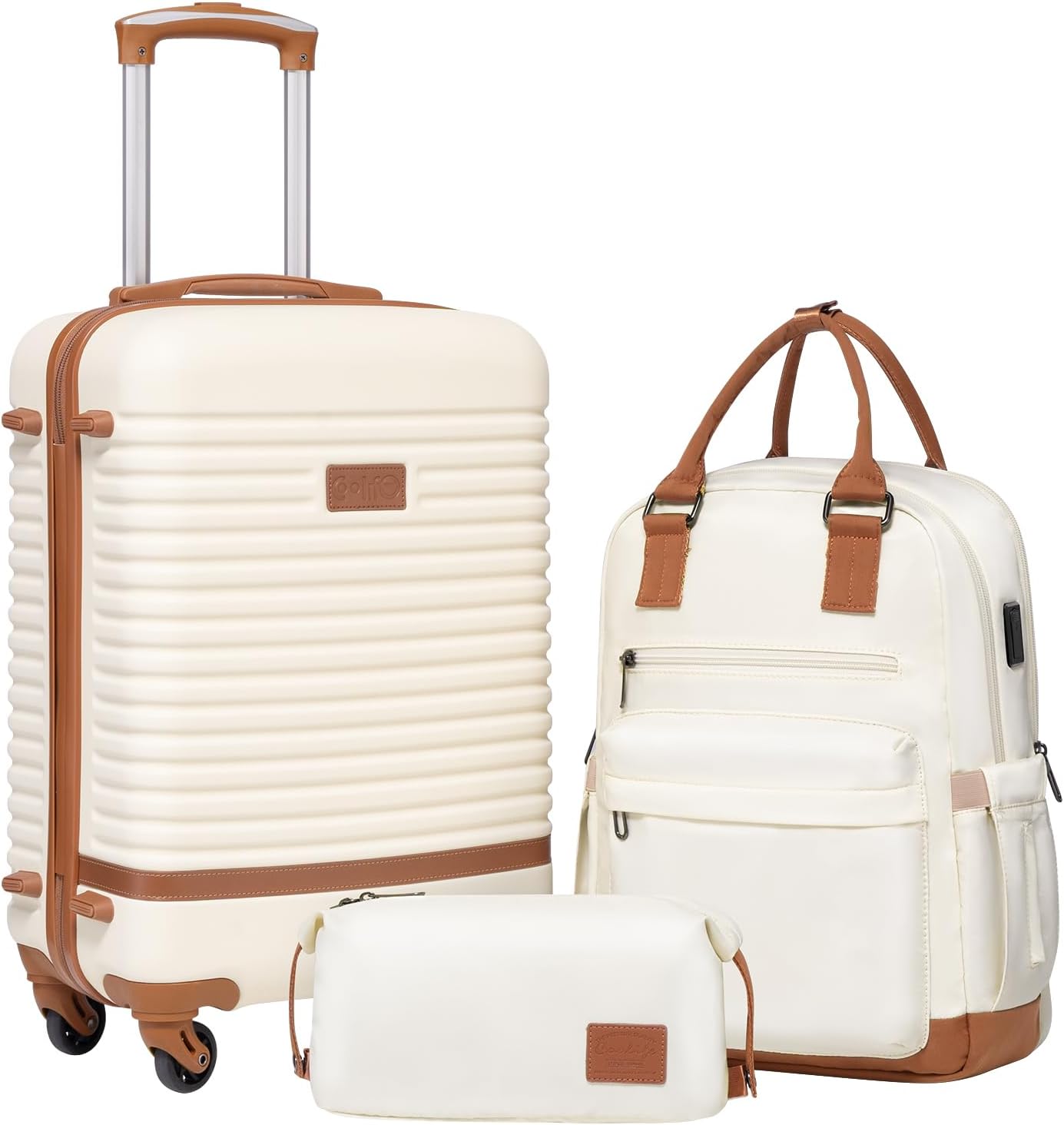 3-teiliges Handgepäck-Set mit Rucksack und Kulturbeutel, Handgepäck-Set 3tlg Weiss/Braun