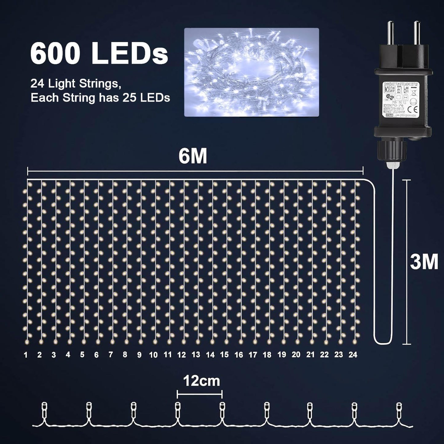 LED Lichtervorhang 6x3m mit 8 Modi, wasserdicht, erweiterbar, 1 Stück