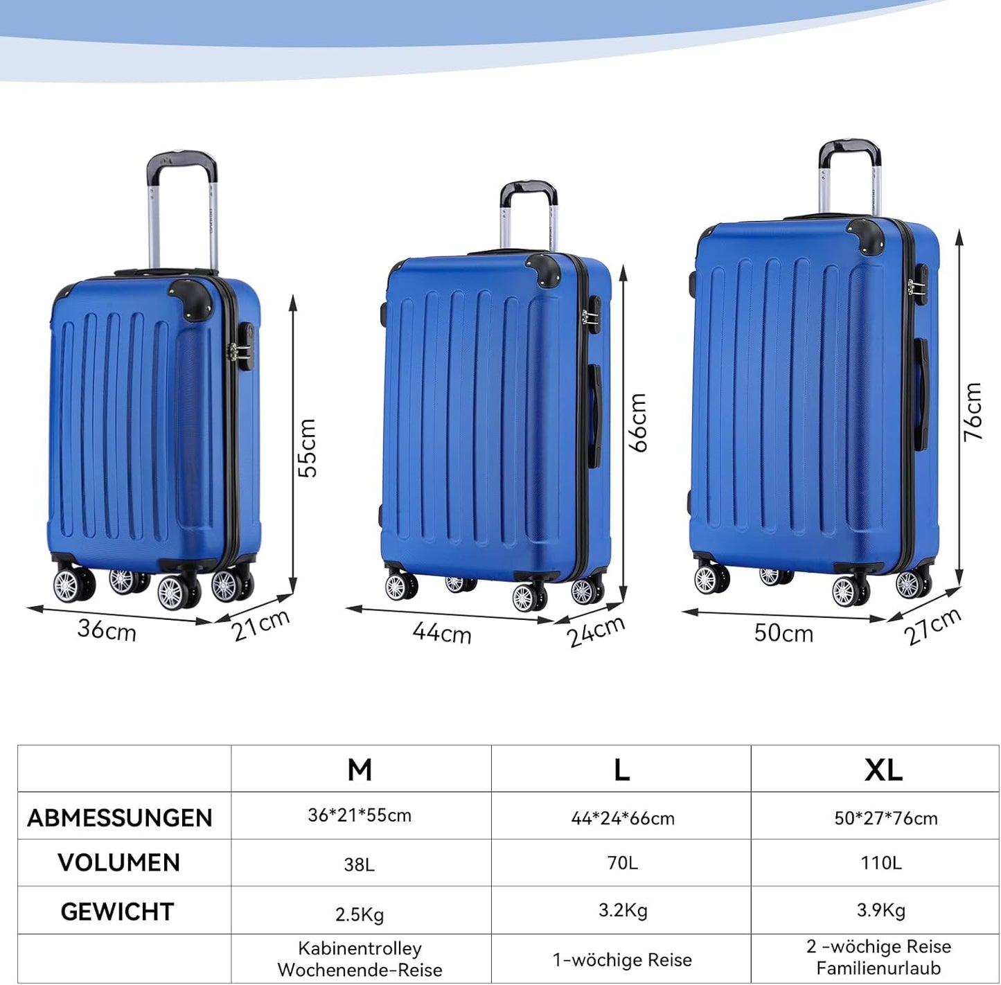 3-teiliges Hartschalenkoffer-Set, Diamondblau 55 cm, 66 cm, 76 cm