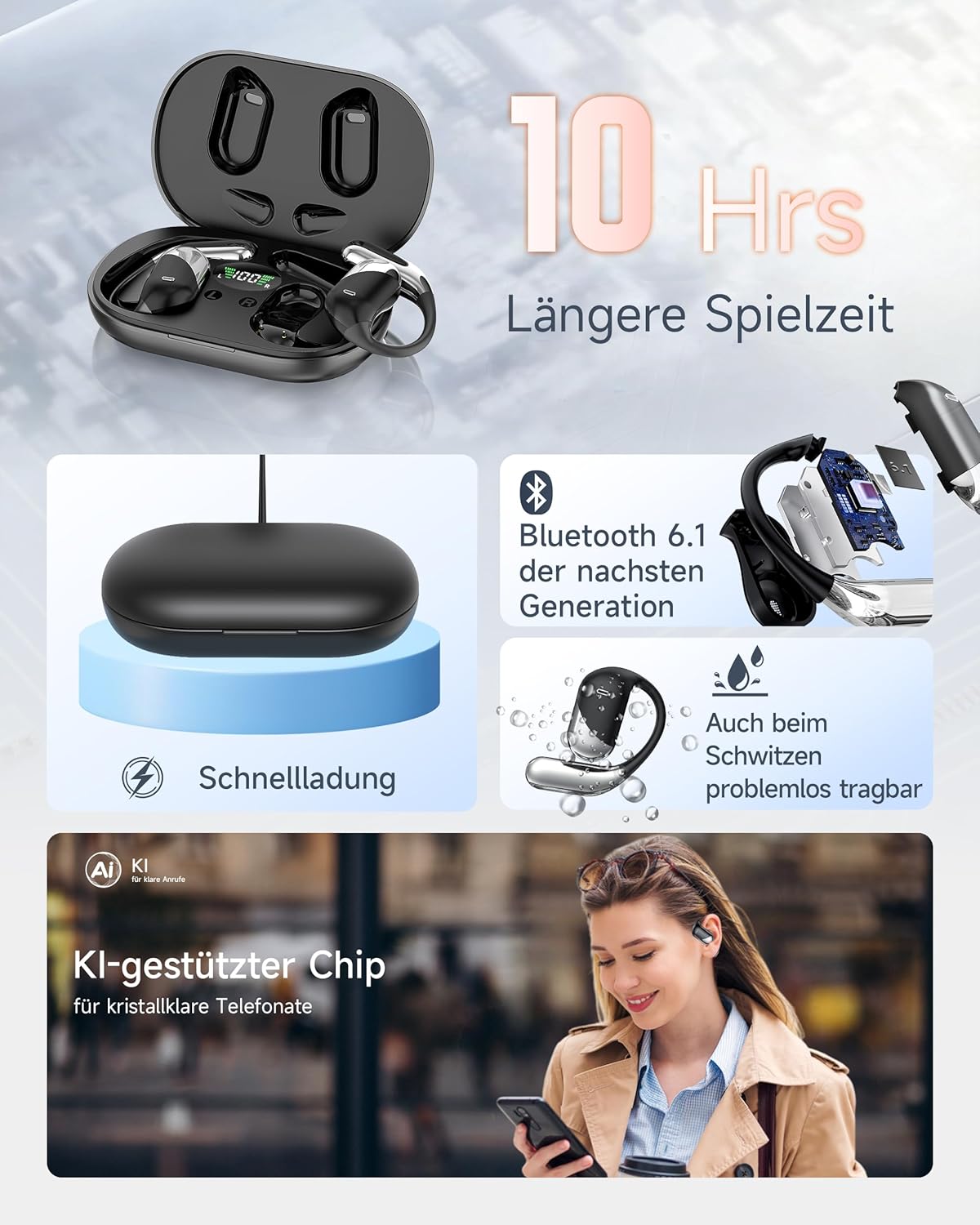 Open Ear Kopfhörer mit Echtzeitübersetzung, Tiefschwarz