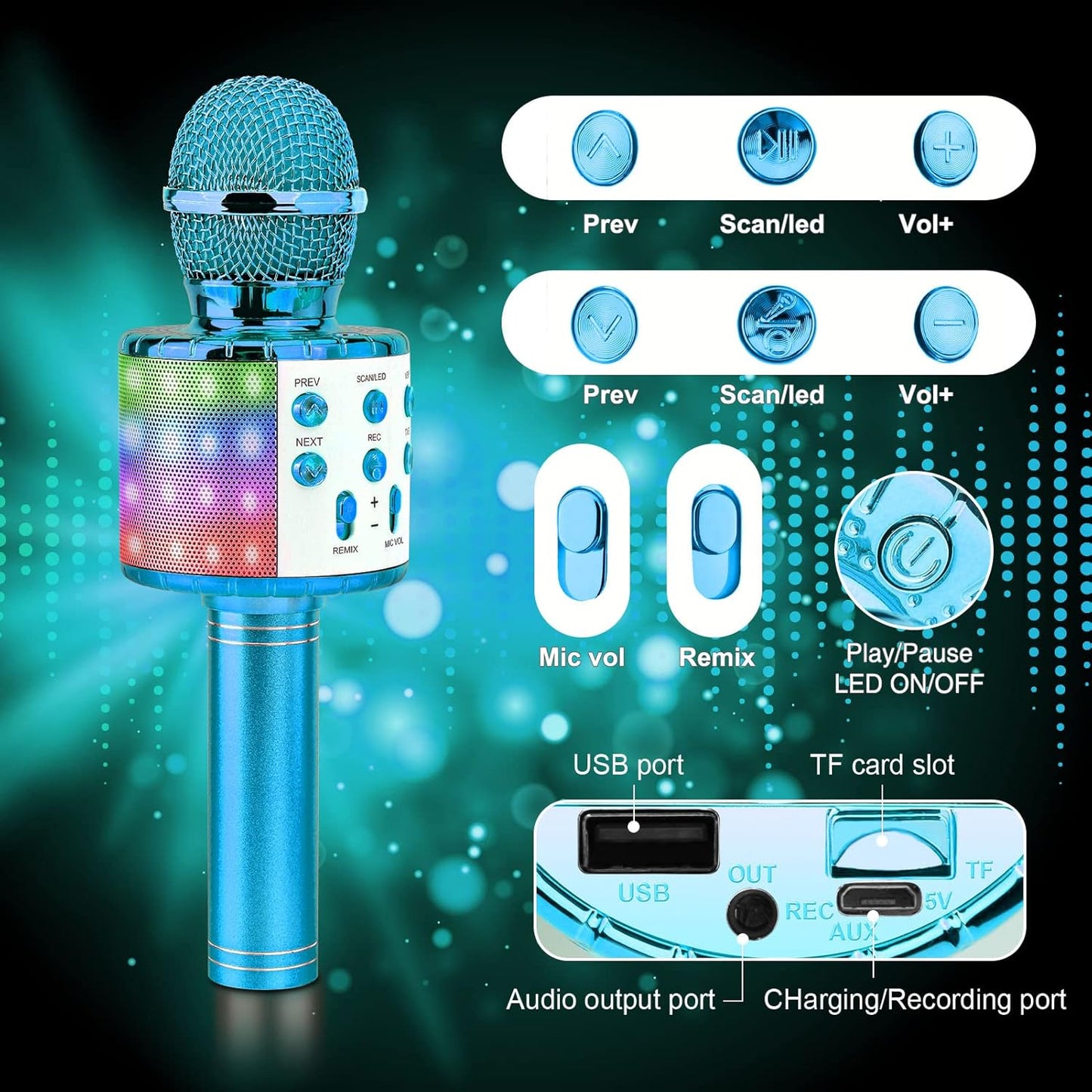 4-in-1 drahtloses Karaoke Mikrofon für Kinder, blue