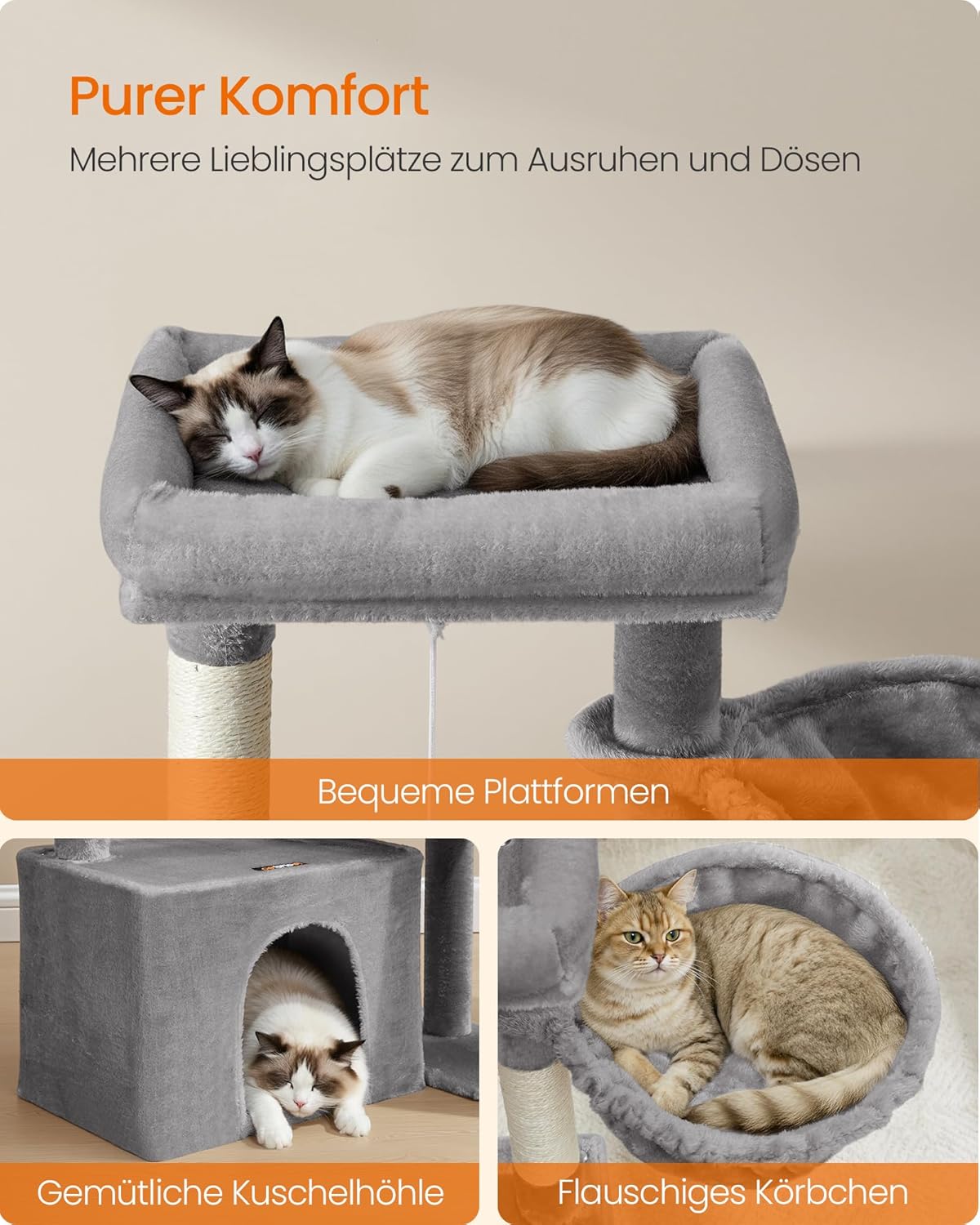 Kratzbaum PCT013GD01 mit Plattformen und Höhle, taubengrau M (92,5 x 58,9 x 85,8 cm)