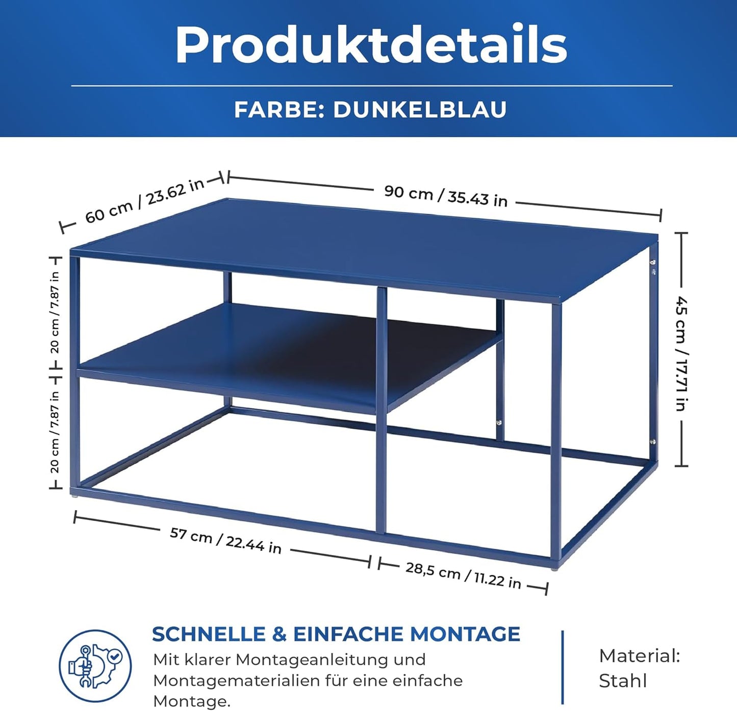 Rechteckiger Couchtisch Solund, Dunkelblau 90 x 60 x 45 cm