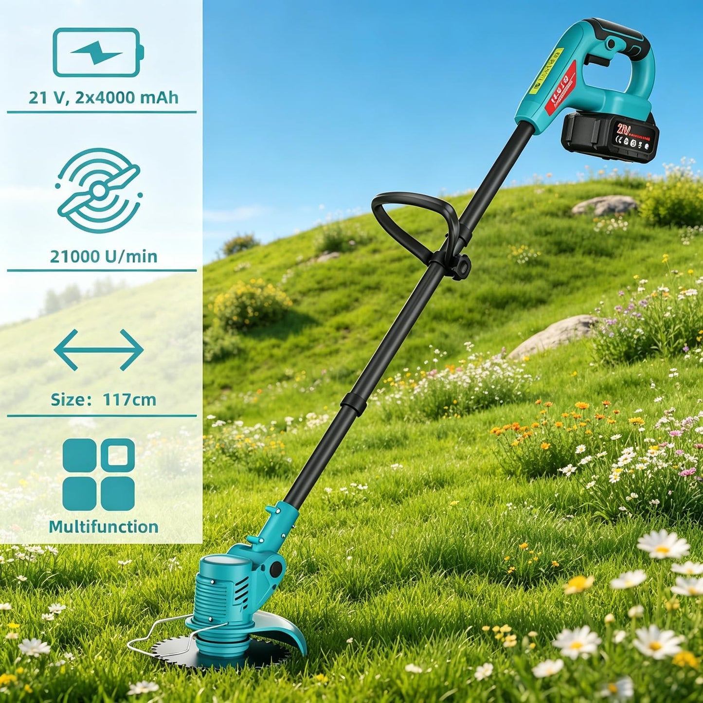 3-in-1 Akku-Rasentrimmer mit 2 Akkus