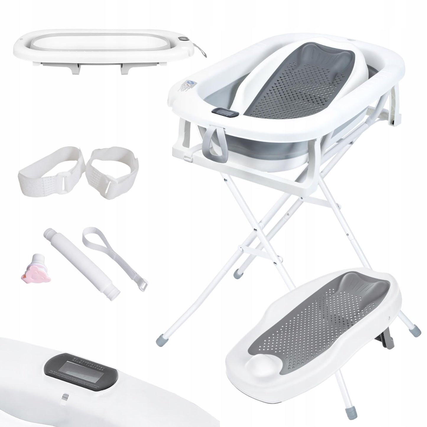 Faltbare Babybadewanne mit Badesitz und Thermometer, Milo Grau (Badesitz, Thermometer) Faltbare Babybadewanne mit Gestell