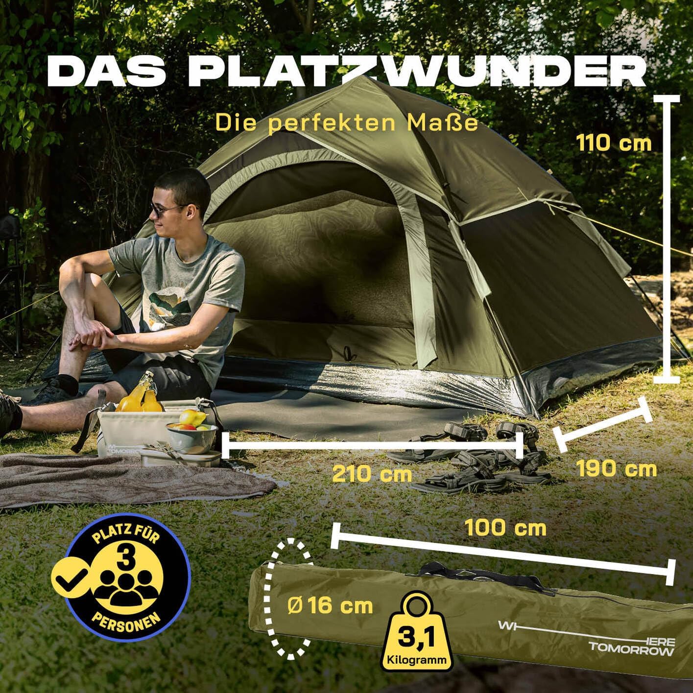 Pop Up Wurfzelt, Dunkelgrün 2-3 Personen | 1 Eingang