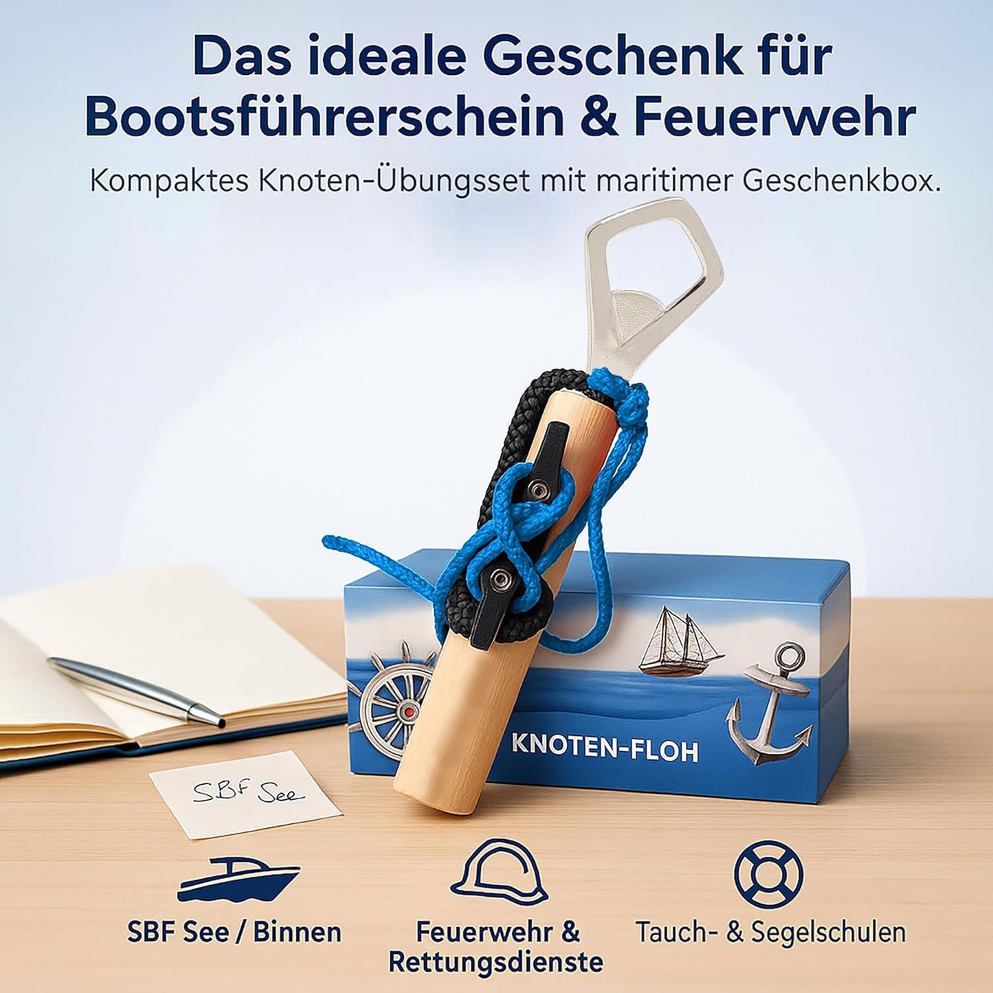 Knoten-Übungsset für Bootsführerschein & Feuerwehr, Schwarz/Blau mit Flaschenöffner