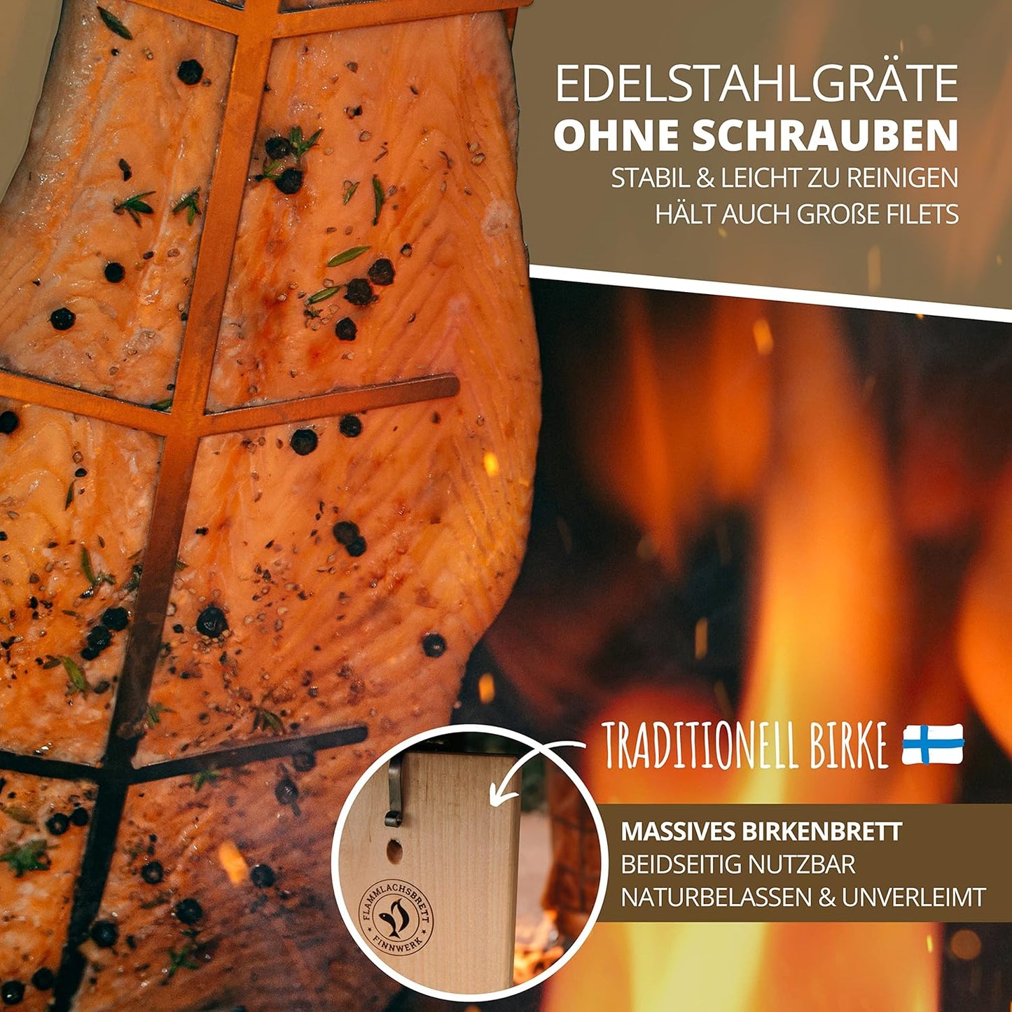 2-teiliges Flammlachsbretter-Set mit Edelstahlhalterung und Baumwolltaschen, 2er Set Flammlachsbrett