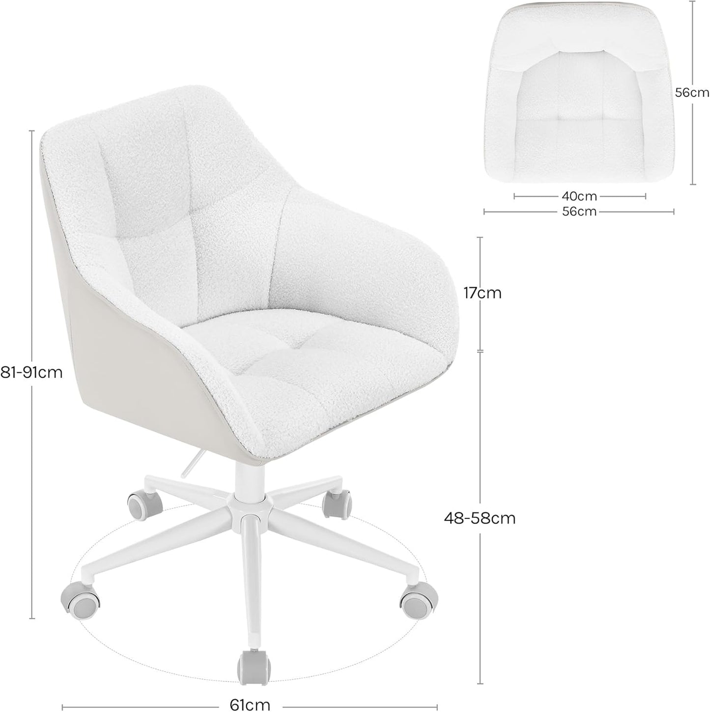 Höhenverstellbarer Homeoffice-Drehstuhl BS175grcm, Creme + Beige Bouclé Stoff + PU