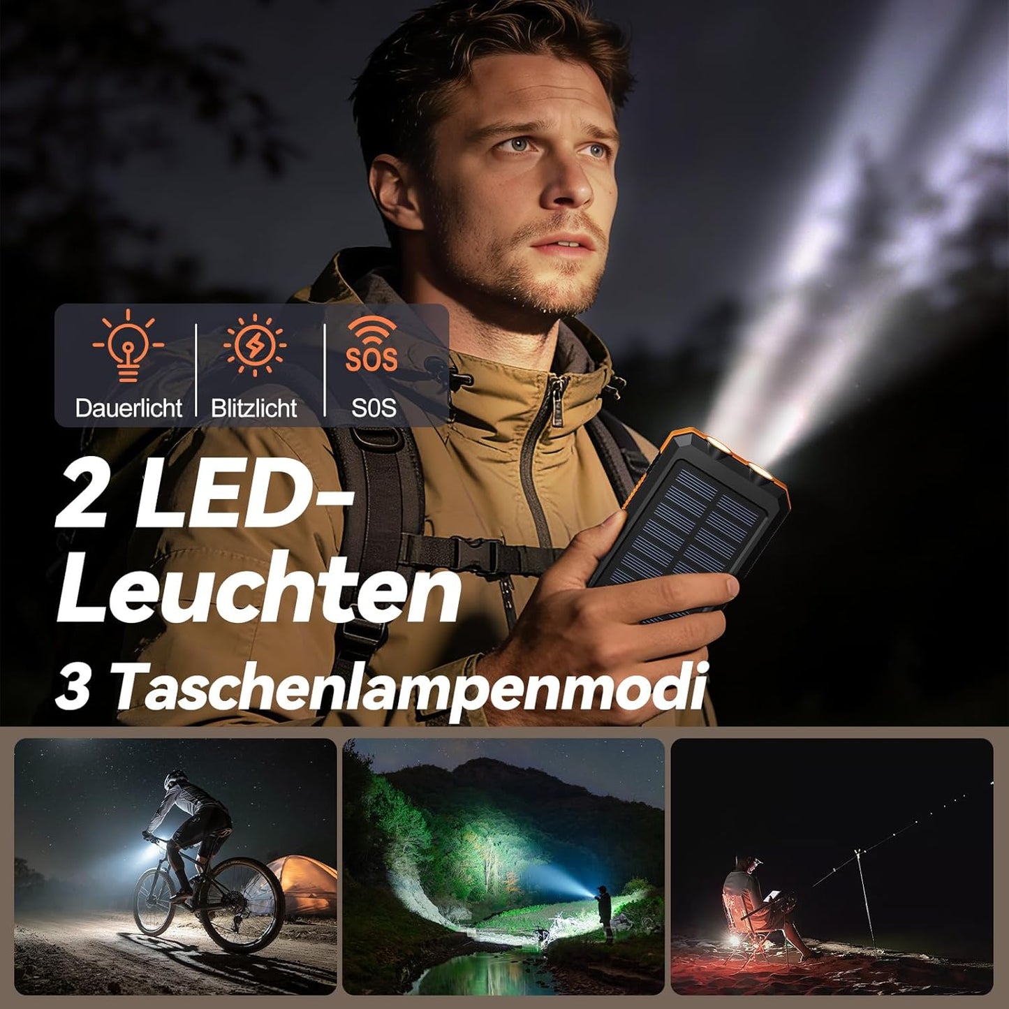 Solar Powerbank, wasserdicht, USB C, 4 Outputs, Dunkelorange