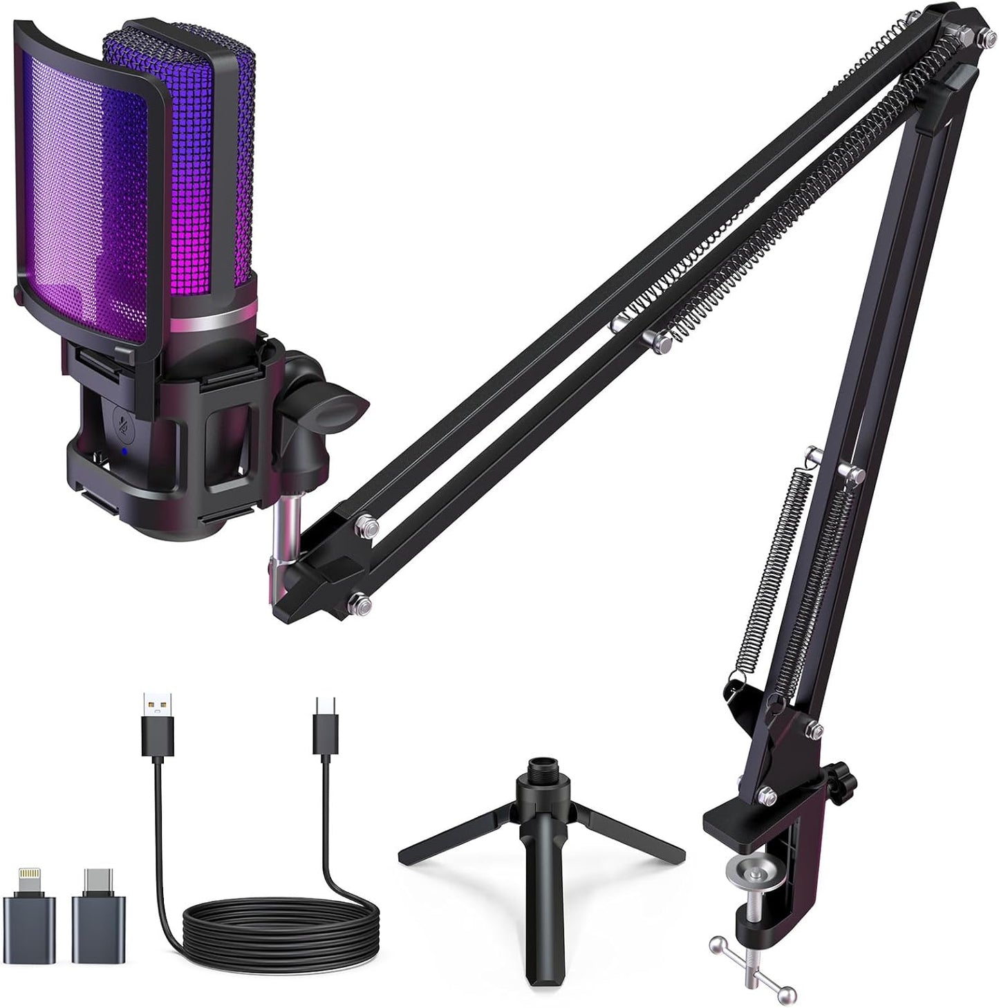 USB Gaming Mikrofon A68S mit RGB/Mute & Ständer-Set, A68S + Stativ & Boom arm