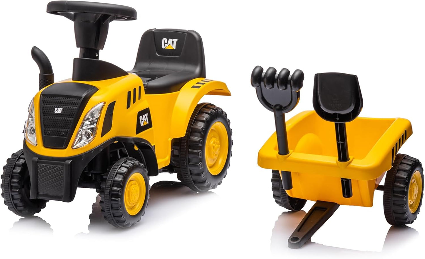 Rutschauto Traktor mit Anhänger, Schaufel und Rechen, Cat Gelb
