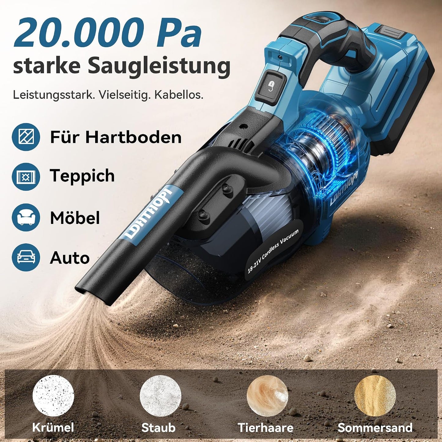 5in1 Akkustaubsauger für Teppich und Hartboden, Makita kompatibel, Blau