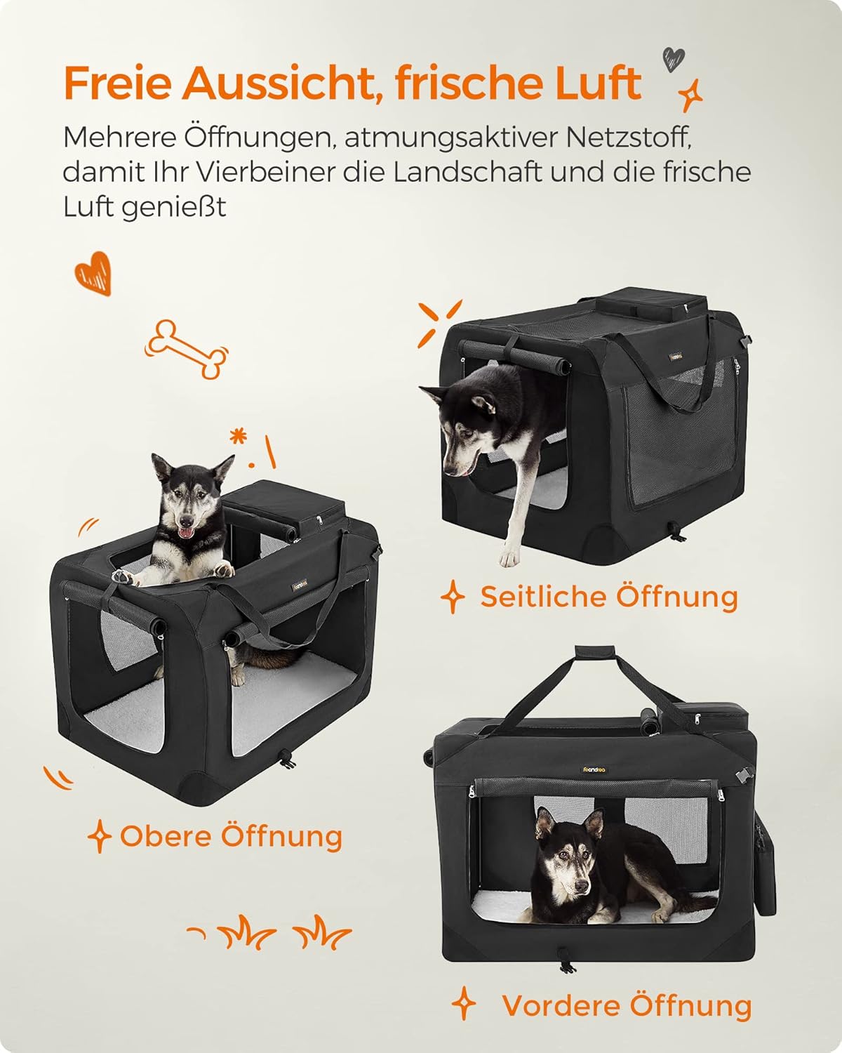 Faltbare Hundetransportbox XXL inkl. 2 Taschen, L 91 x B 63 x H 63 cm Schwarz