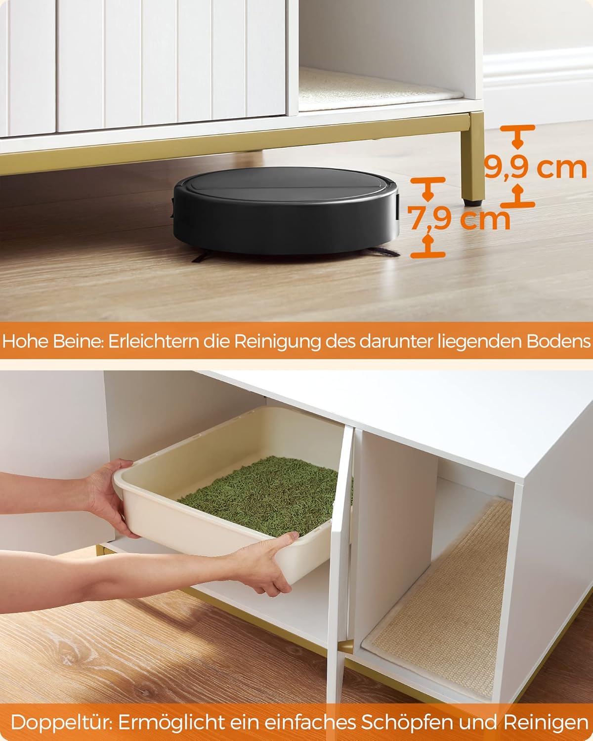 Katzentoiletten-Schrank, 80 x 50 x 55 cm Weiß + Goldfarben