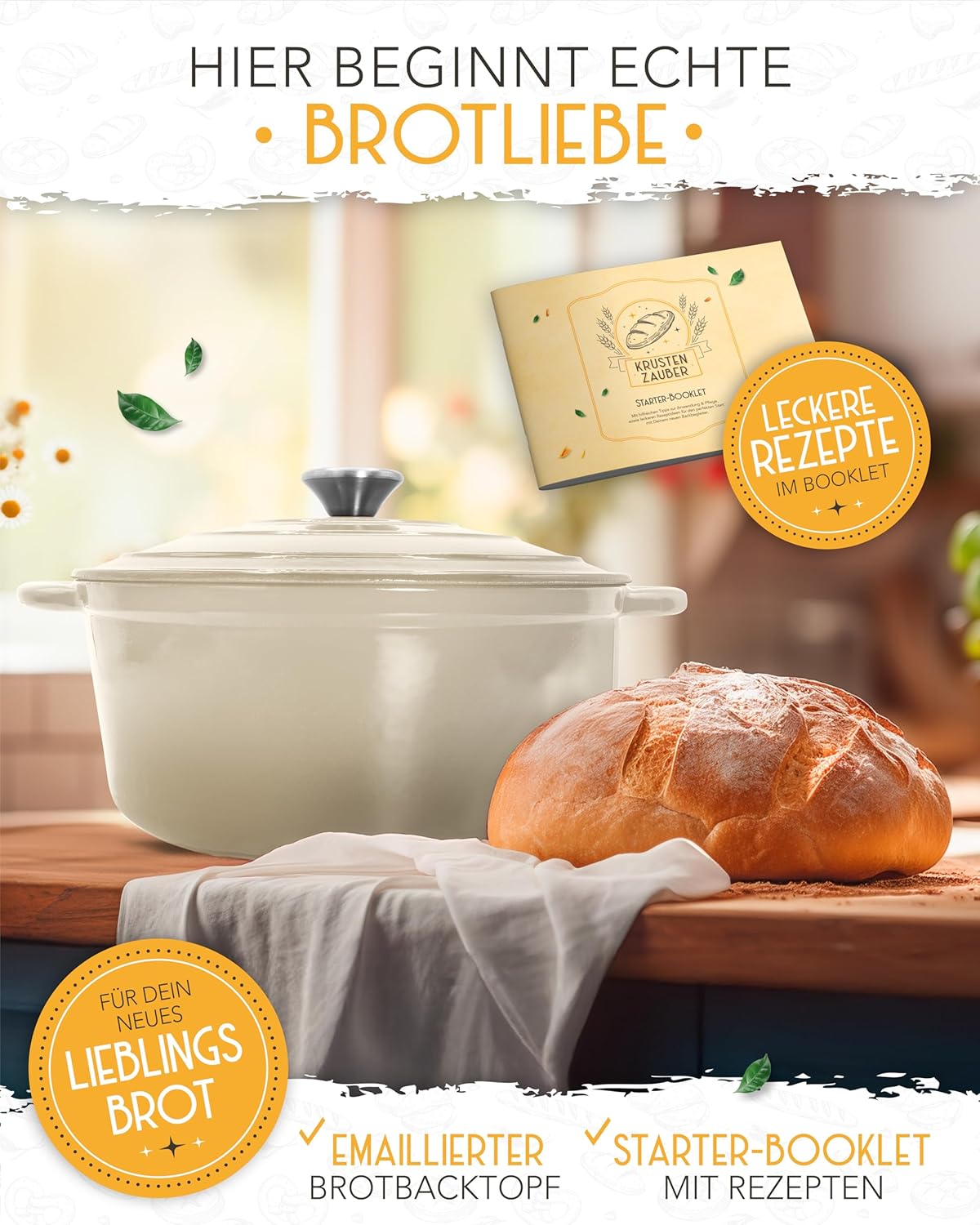 Schmortopf mit Deckel, Emaille Topf 4,7l - Creme - Einzeln