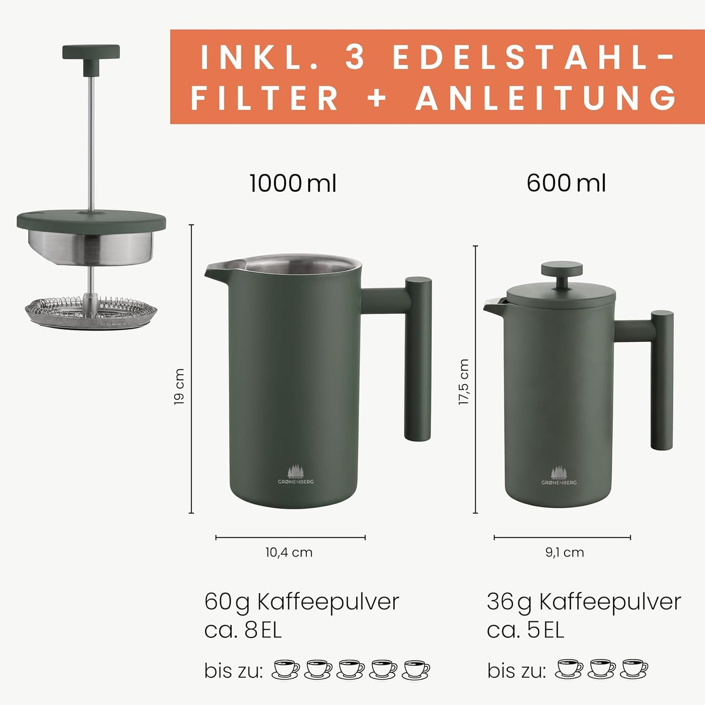 French Press Forest mit 3 Ersatzfiltern, Forest 600 ml