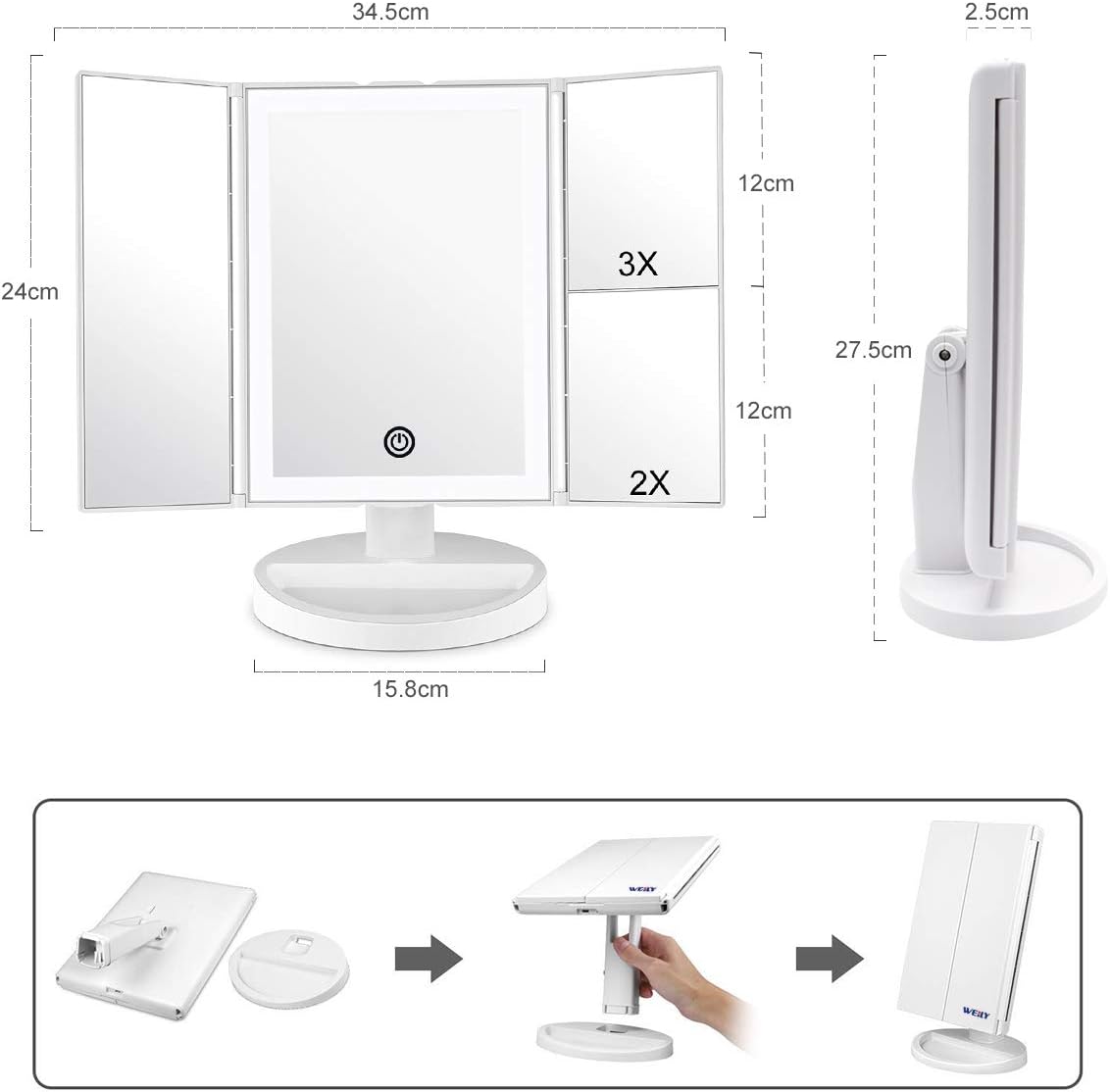 Dreifach gefalteter Kosmetikspiegel mit LED & Vergrösserung, Weiss