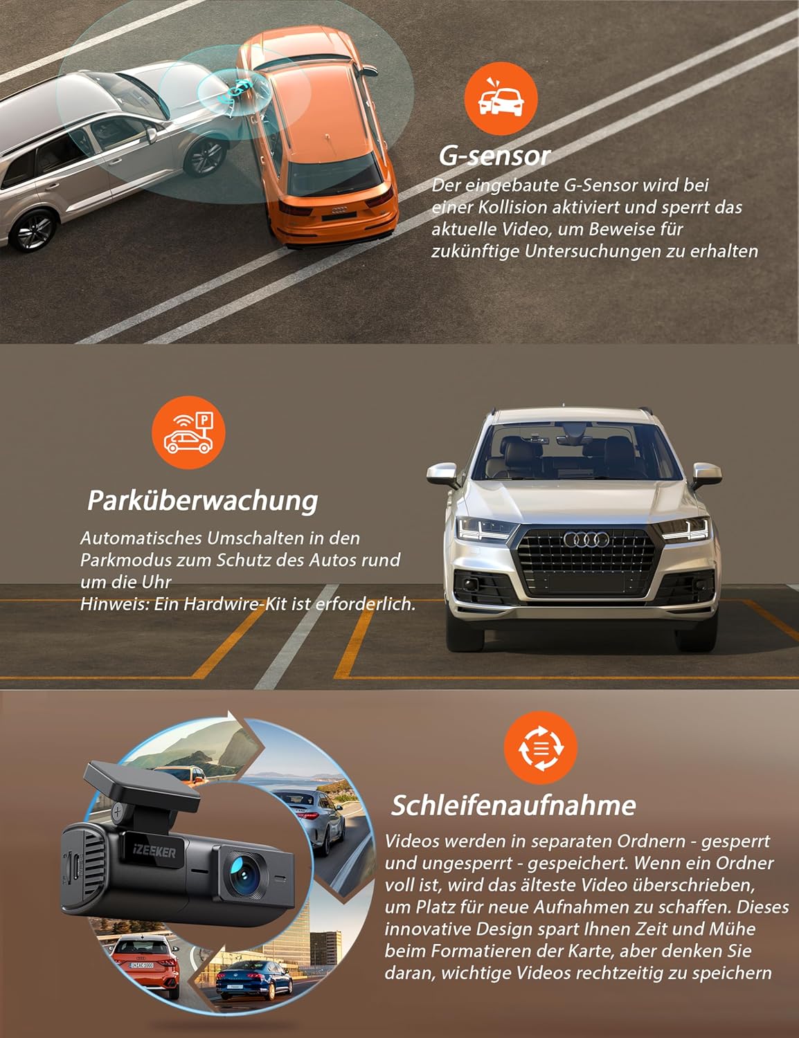 2,5K Dashcam mit WiFi und Nachtsicht