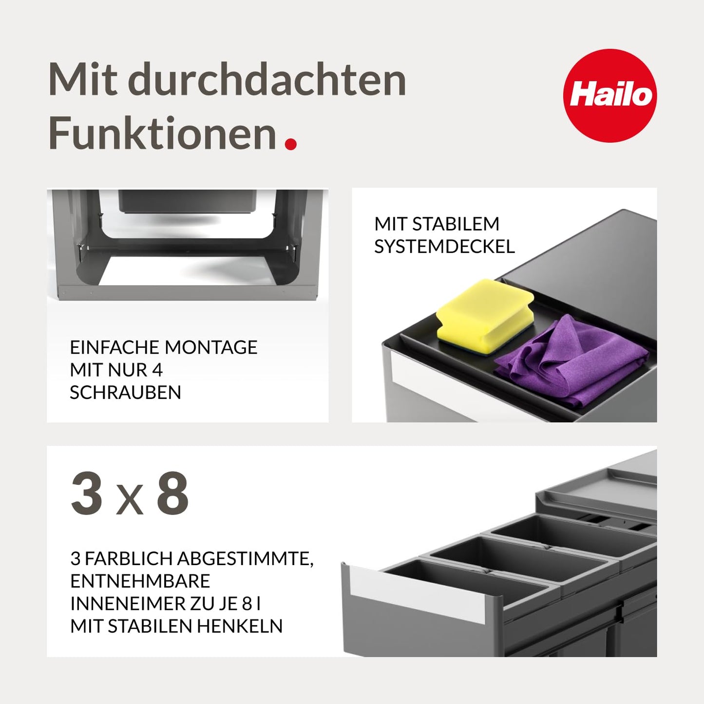 Abfalltrennsystem Terzett 3x8 Liter für Unterschränke, 3x 8 Liter