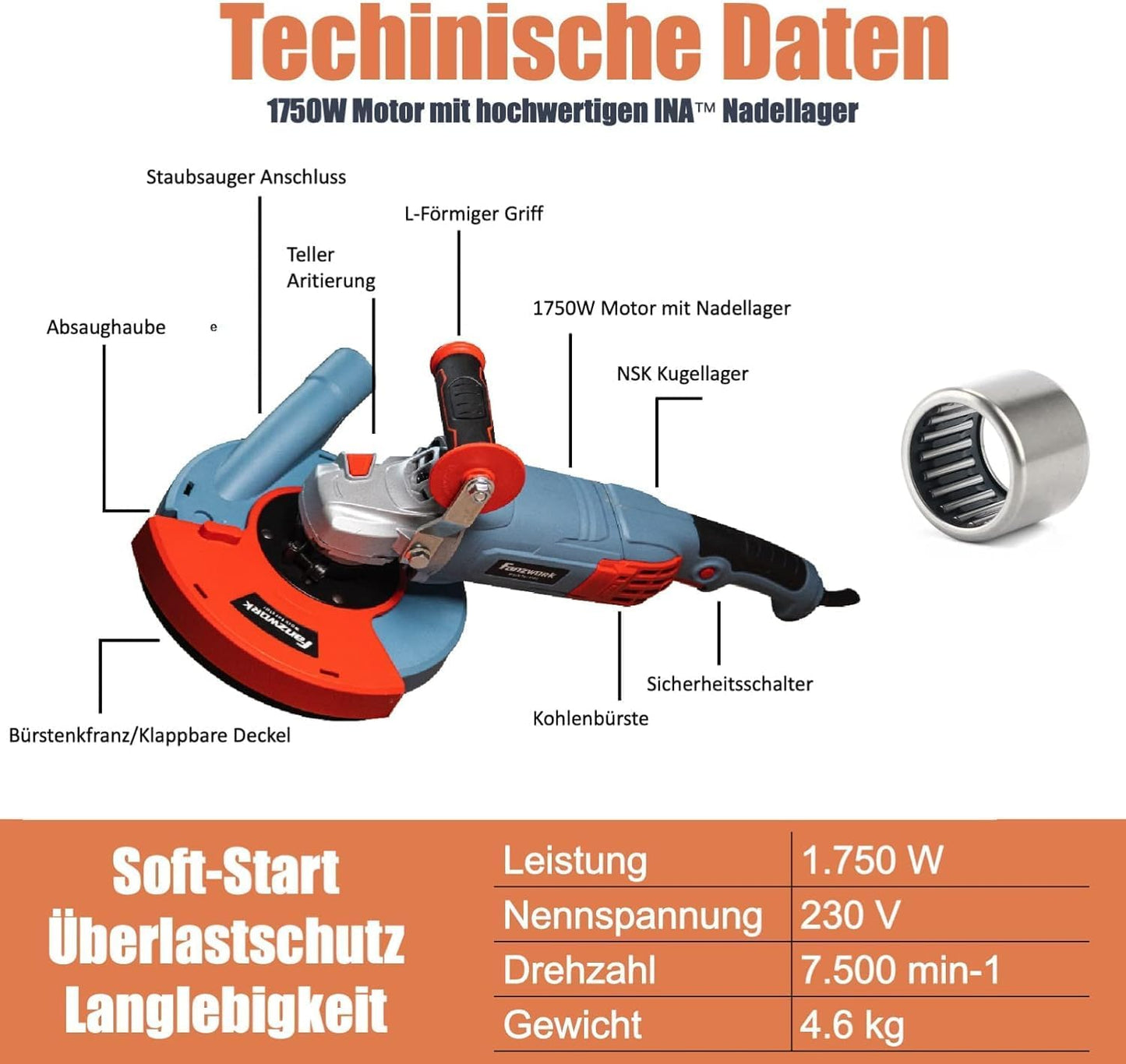 Betonschleifer Set mit Diamantschleiftöpfen, 1750W/180mm+