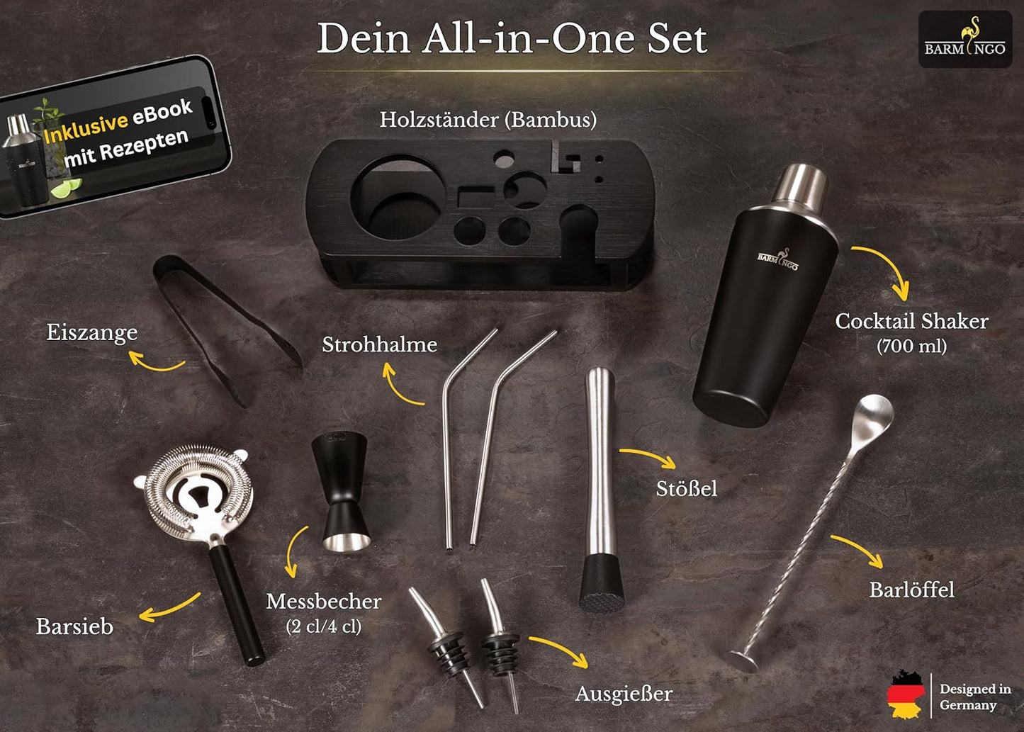 11-teiliges Cocktail-Set, Schwarz-silber