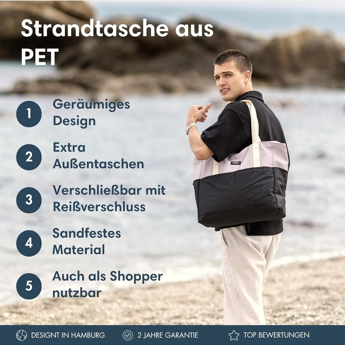 Grosse Strandtasche Linn mit Reissverschluss, Sand - Gestreift