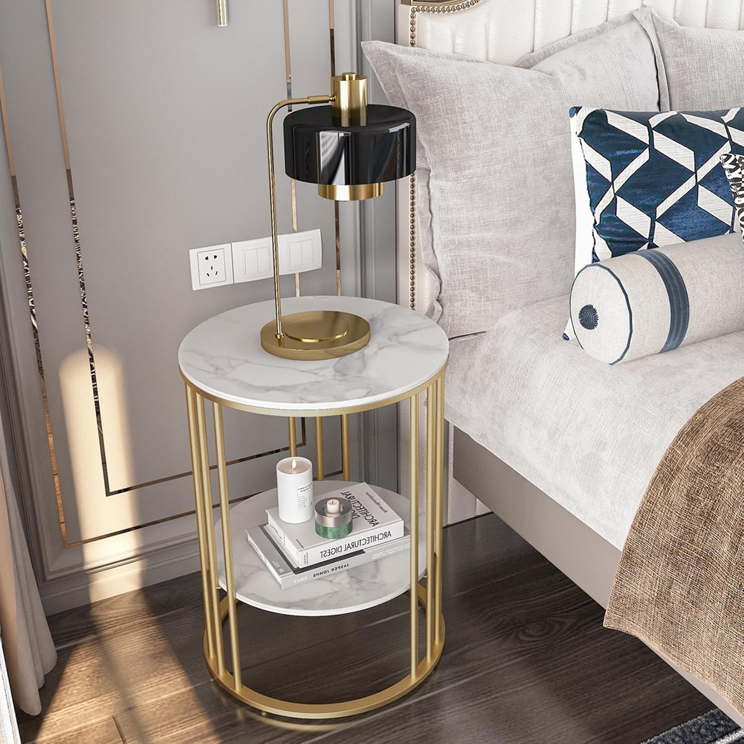 Couchtisch mit 2 Ablagen, rund 40×54cm, Gold