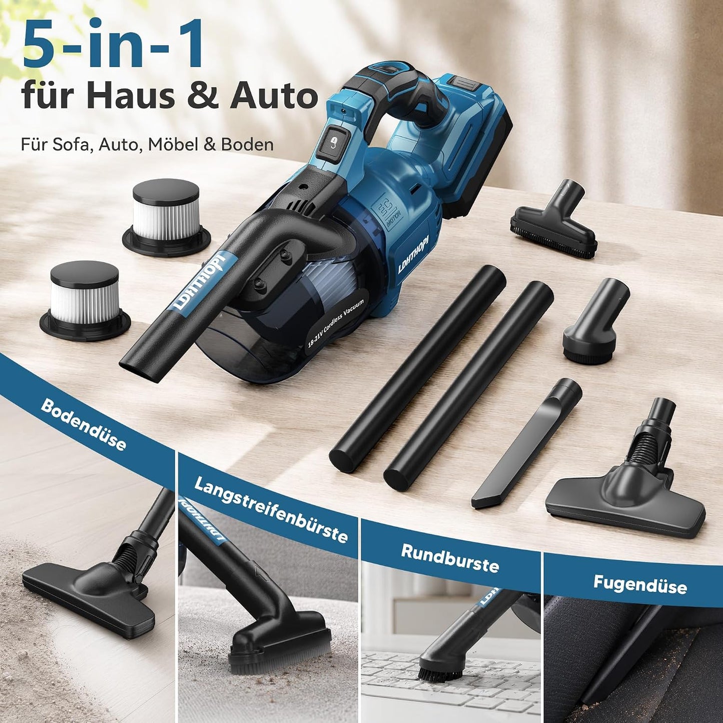 5in1 Akkustaubsauger für Teppich und Hartboden, Makita kompatibel, Blau